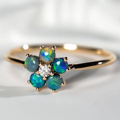 Flower Design Black Opal Diamond Engagement Ring 14K Yellow Gold