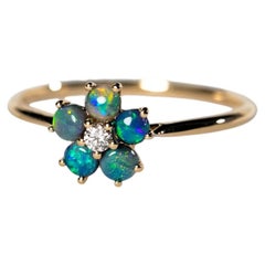 Flower Design Black Opal Diamond Engagement Ring 14K Yellow Gold