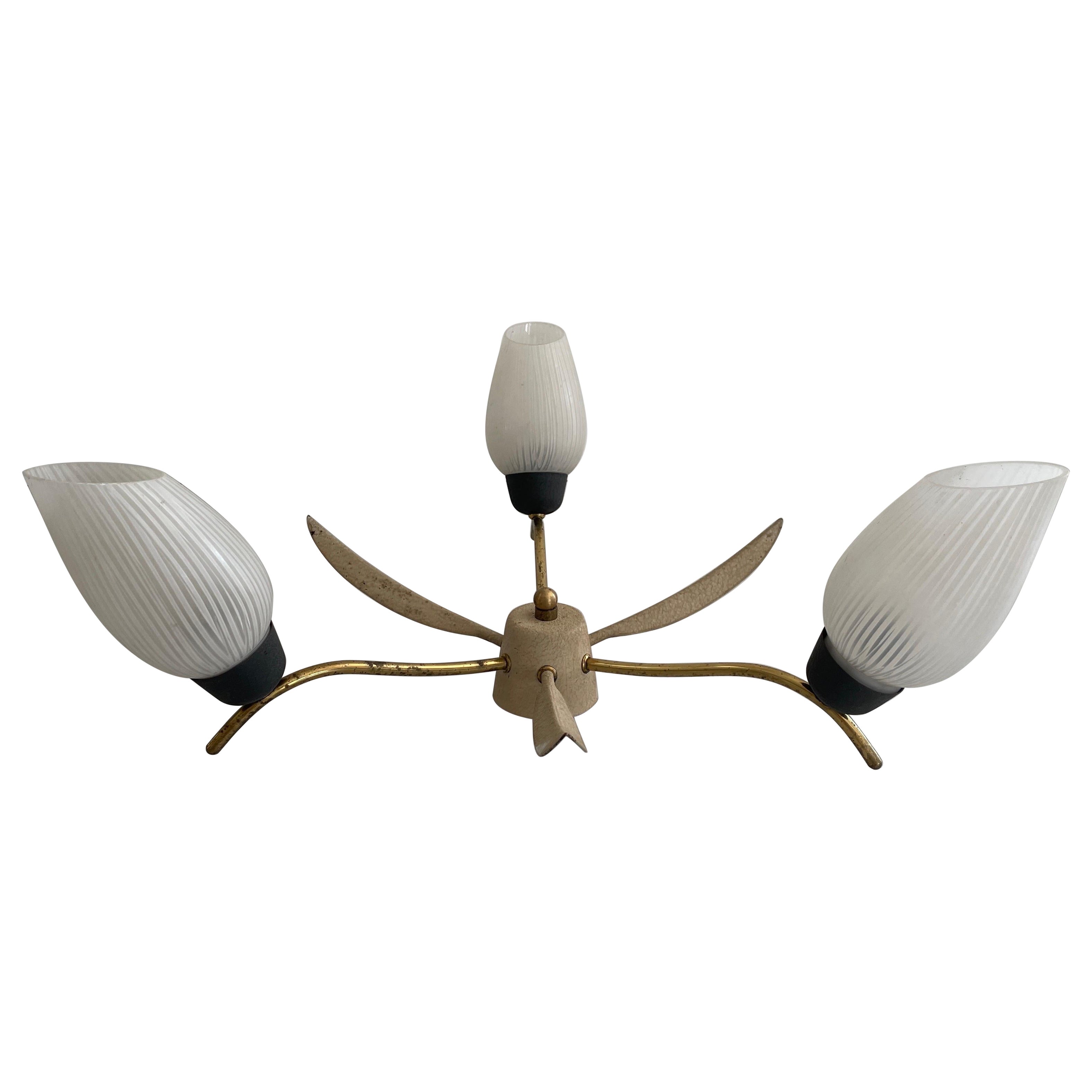 Flower Design Brass and Glass 3-armed Sputnik Ceiling Lamp, 1950s, Germany