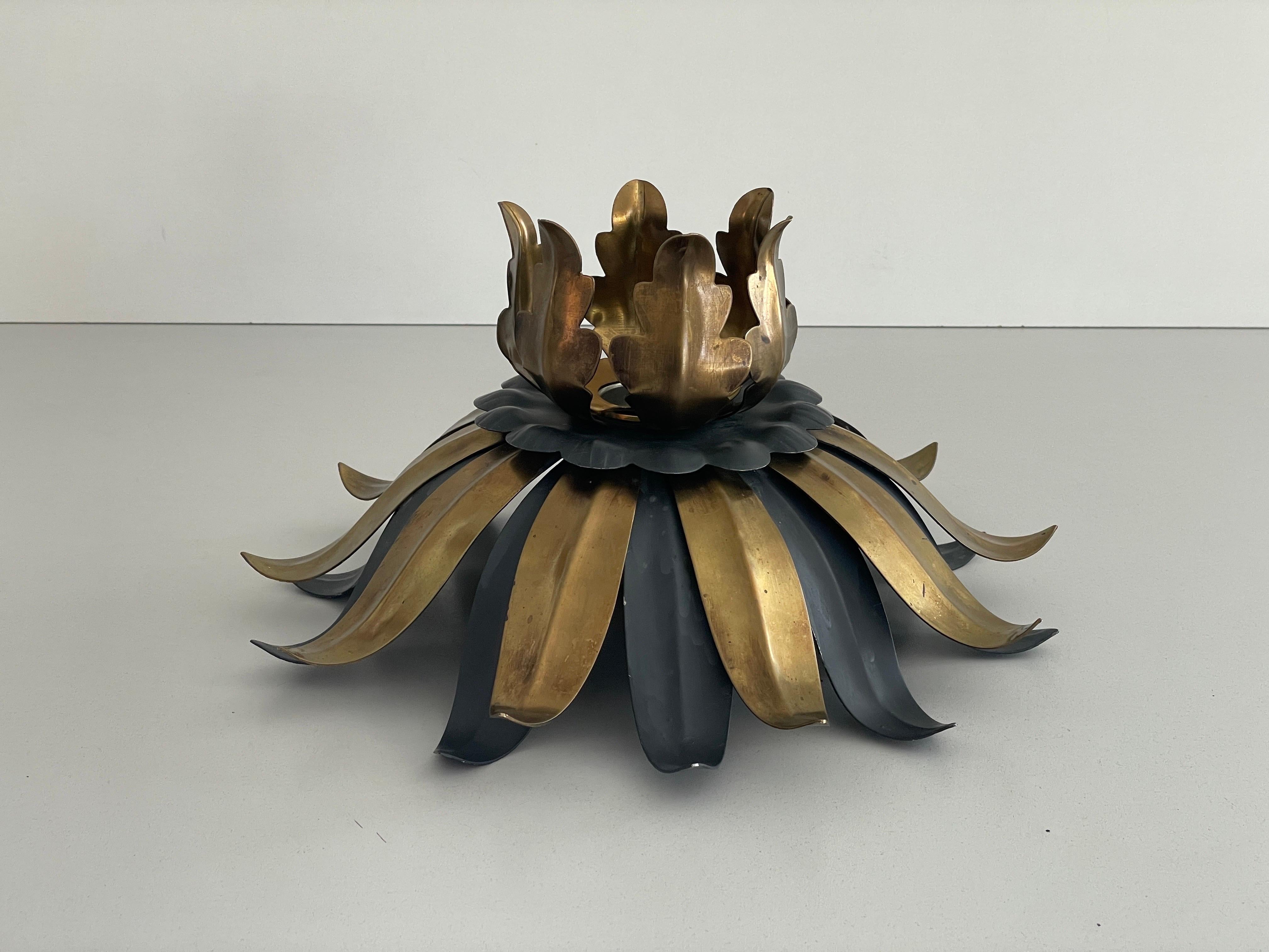 Mid-Century Modern Flower Design Brass Black Flush Mount Ceiling Lamp, 1970s, Germany For Sale