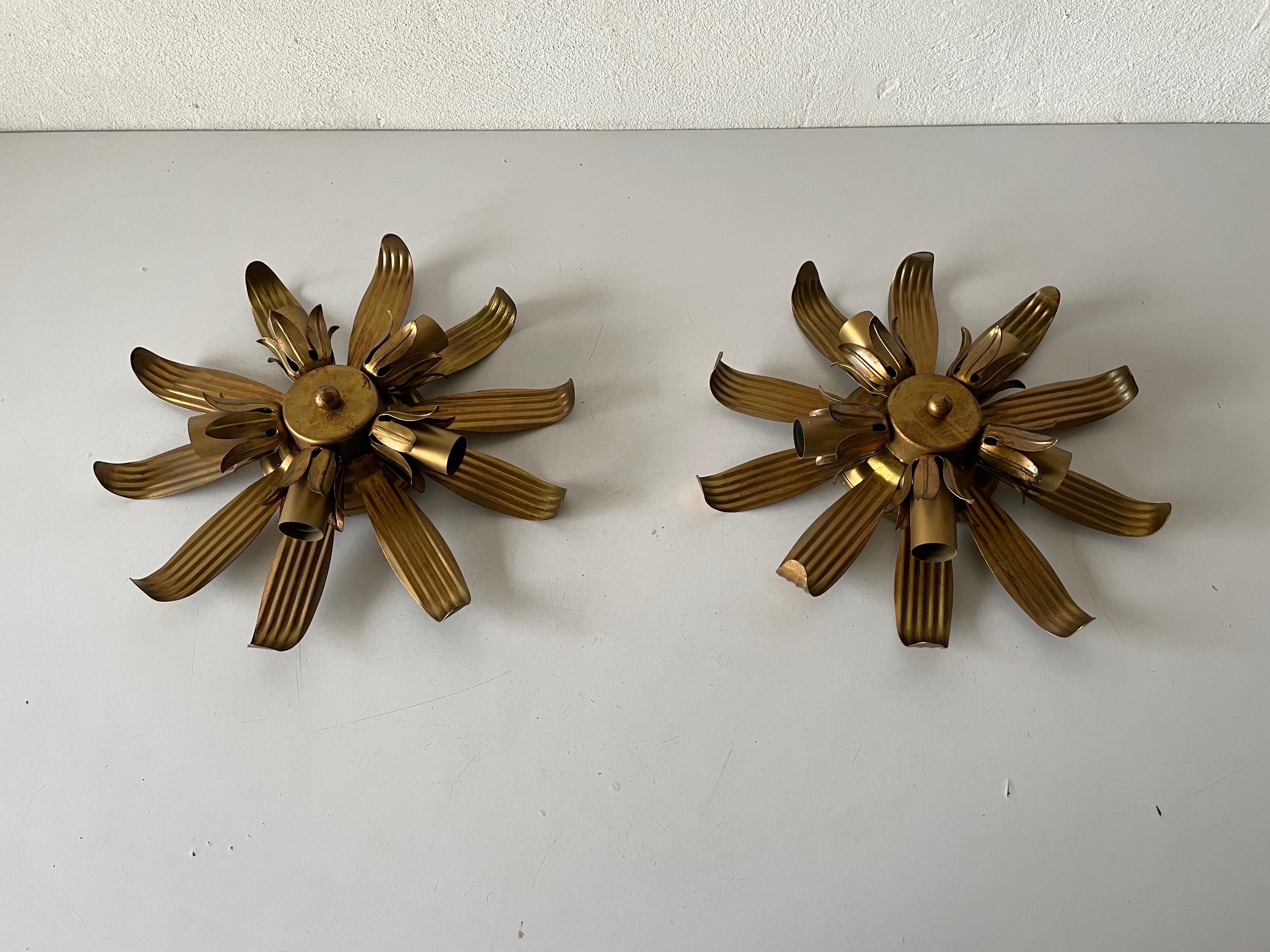 Flower Design Brass Flush Mounts Wall Lamps by Schröder Leuchten, 1960s, Germany For Sale 6