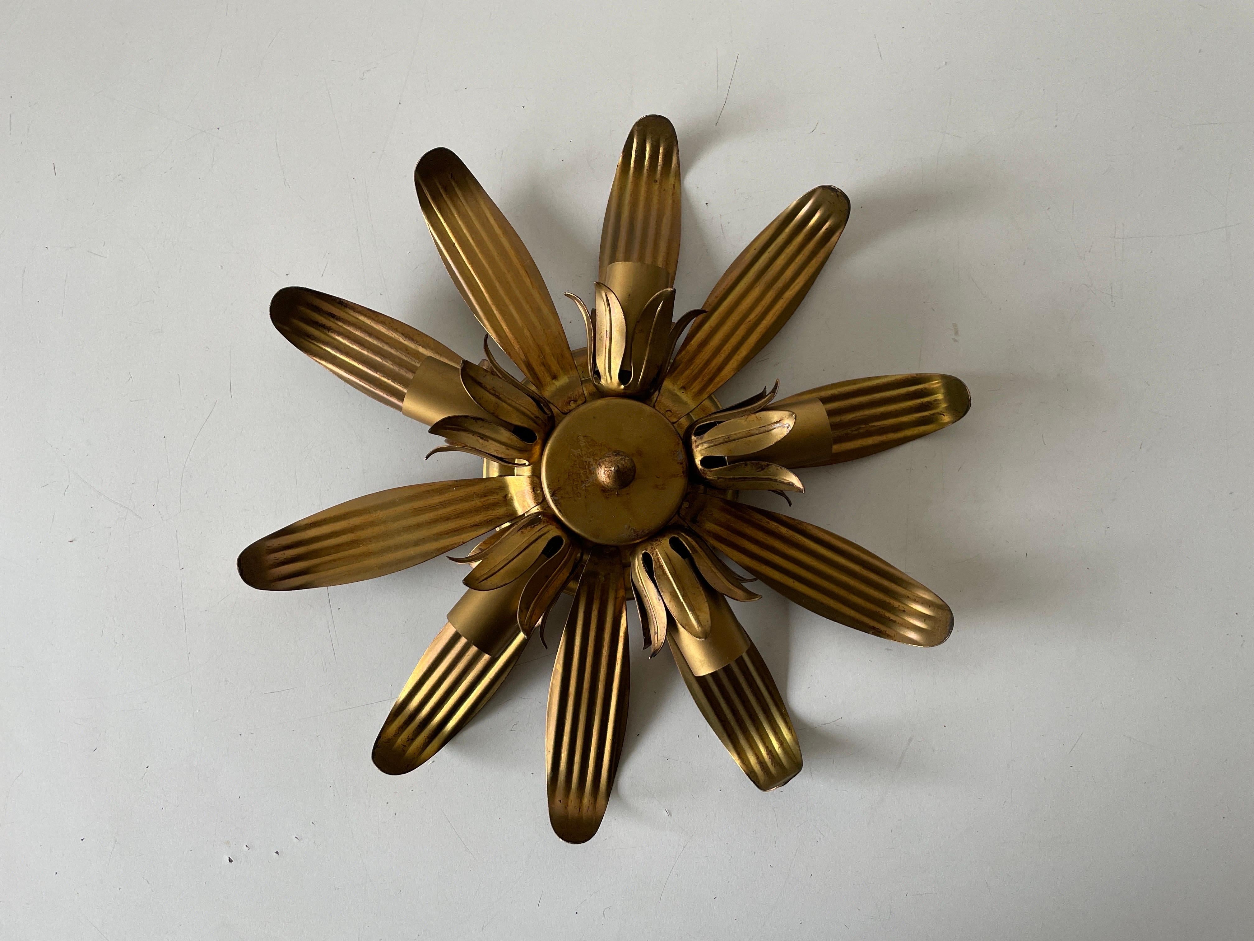 Flower Design Brass Flush Mounts Wall Lamps by Schröder Leuchten, 1960s, Germany

Lampshade is in very good vintage condition.

This lamp works with 6xE14 light bulbs. 
Wired and suitable to use with 220V and 110V for all