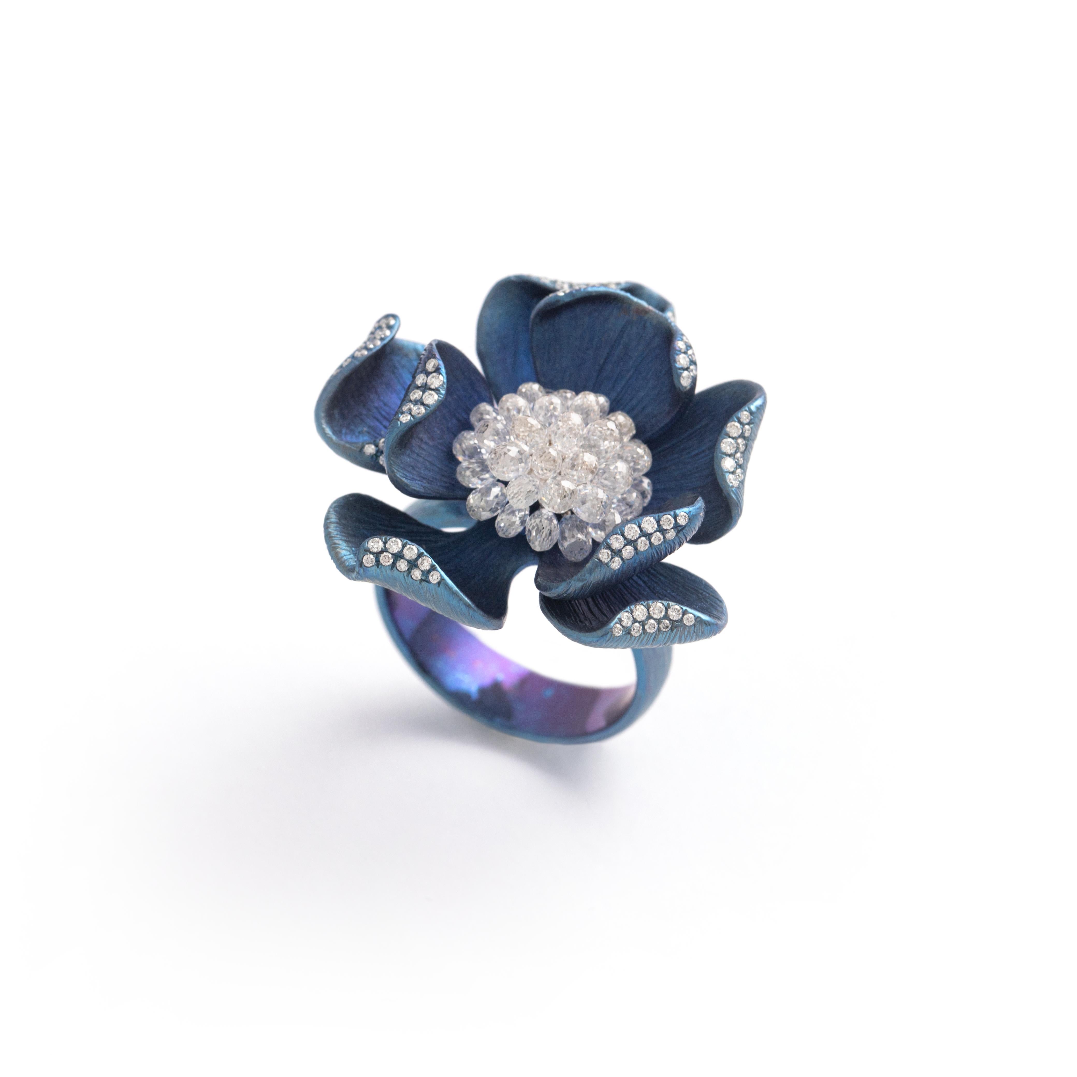 Flower Design Briolette Diamond Blue Gold 18K Ring For Sale 1