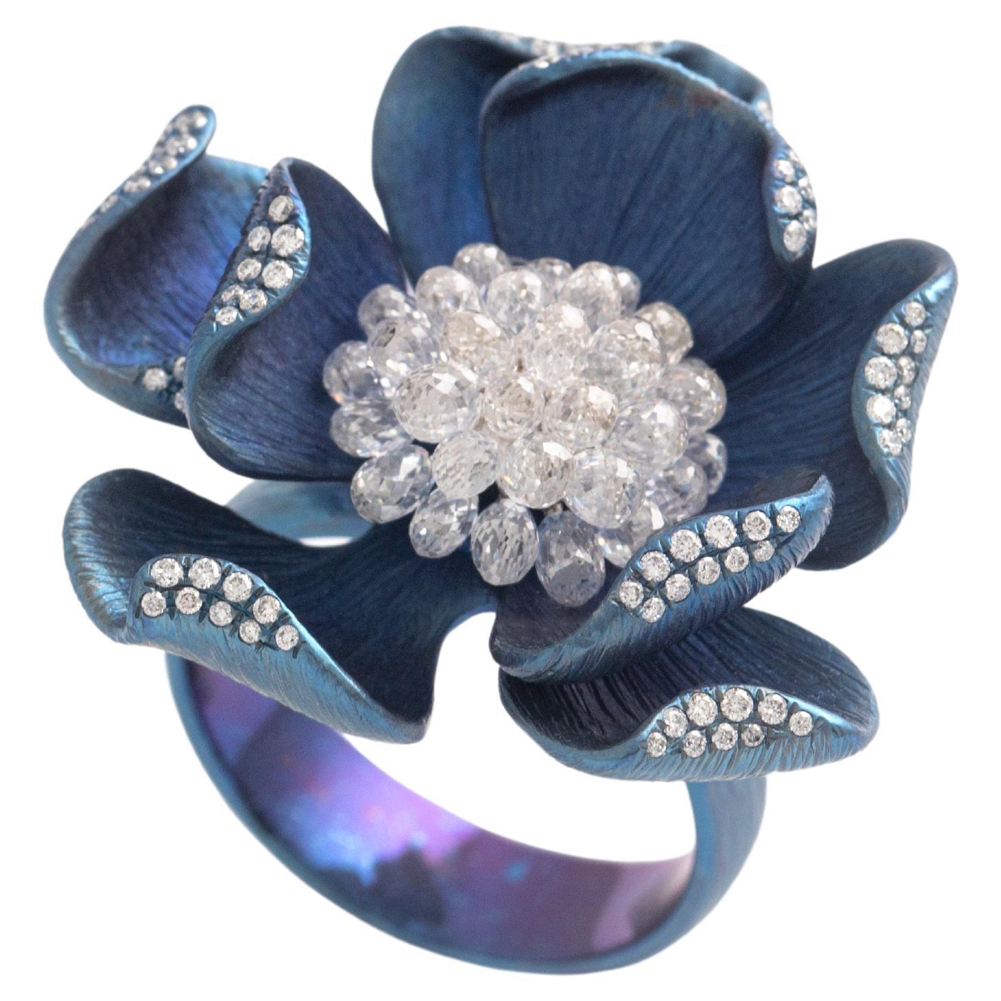 Flower Design Briolette Diamond Blue Gold 18K Ring For Sale