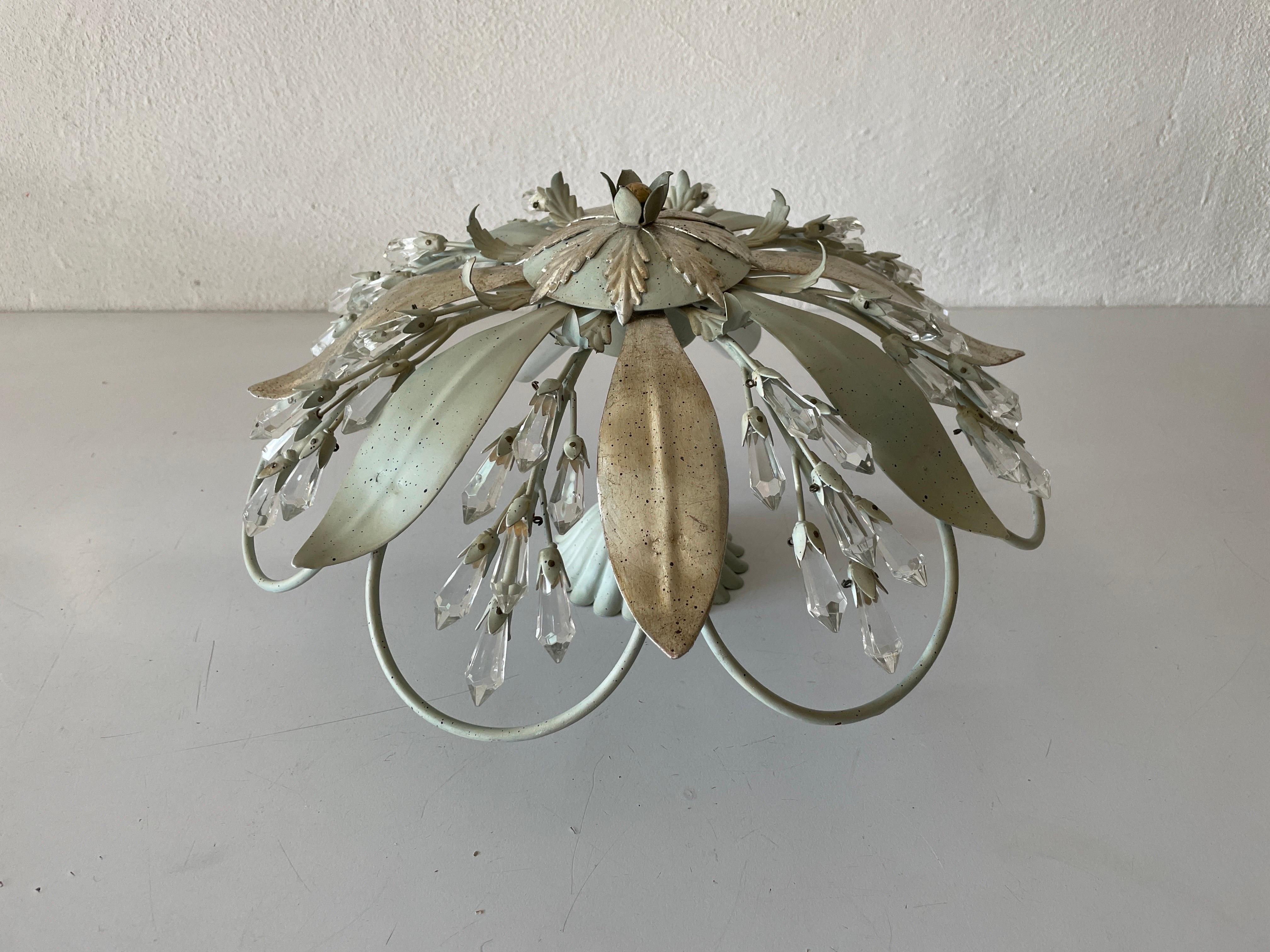 Flower Design Ceiling Lamp with Glass Ornaments, 1950s, Germany For Sale 1