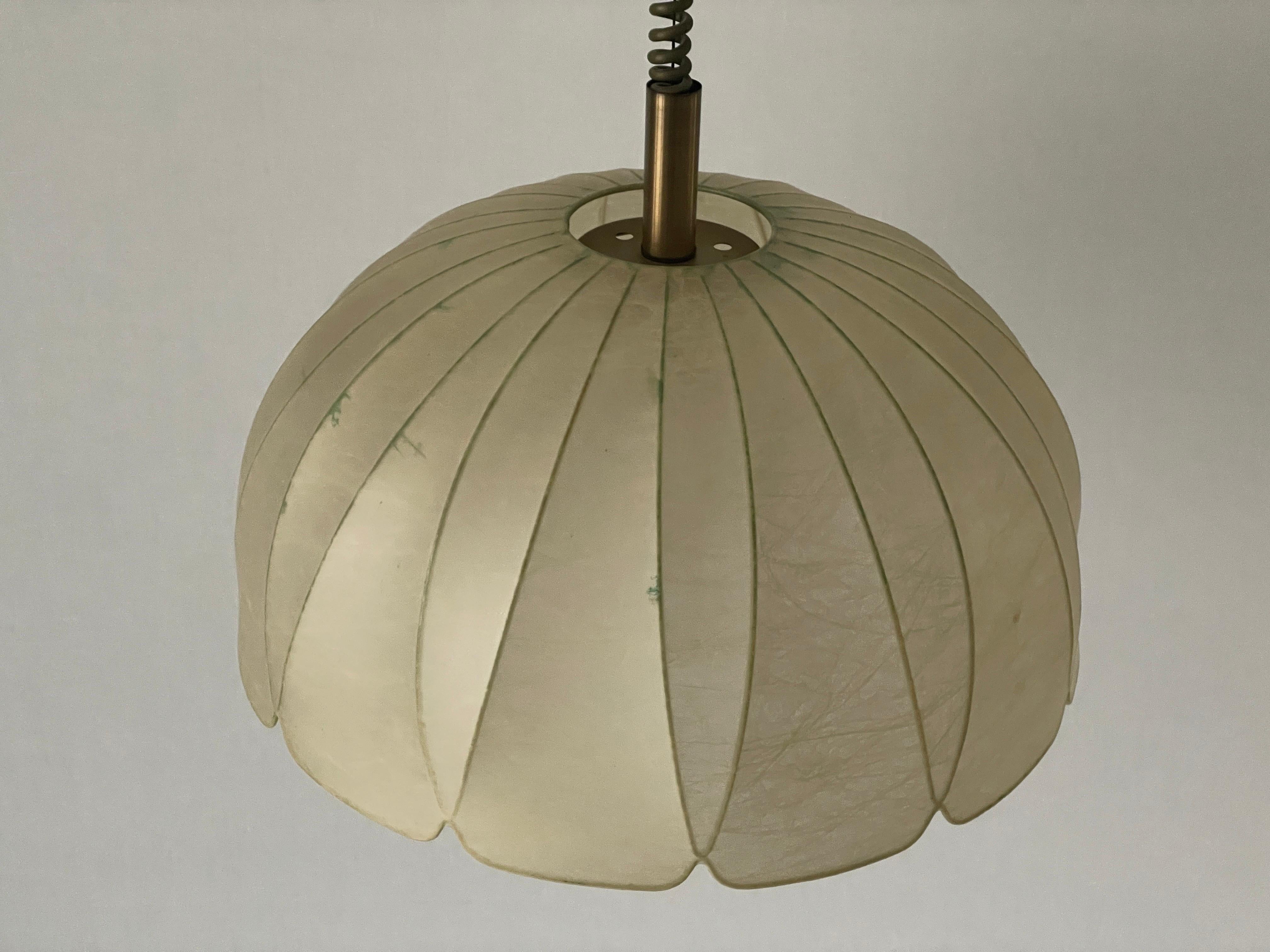 Flower Design Cocoon Adjustable Height Pendant Lamp by Goldkant, 1960s, Germany

Lampshade is in very good vintage condition.

This lamp works with 2x E27 light bulbs. 
Wired and suitable to use with 220V and 110V for all