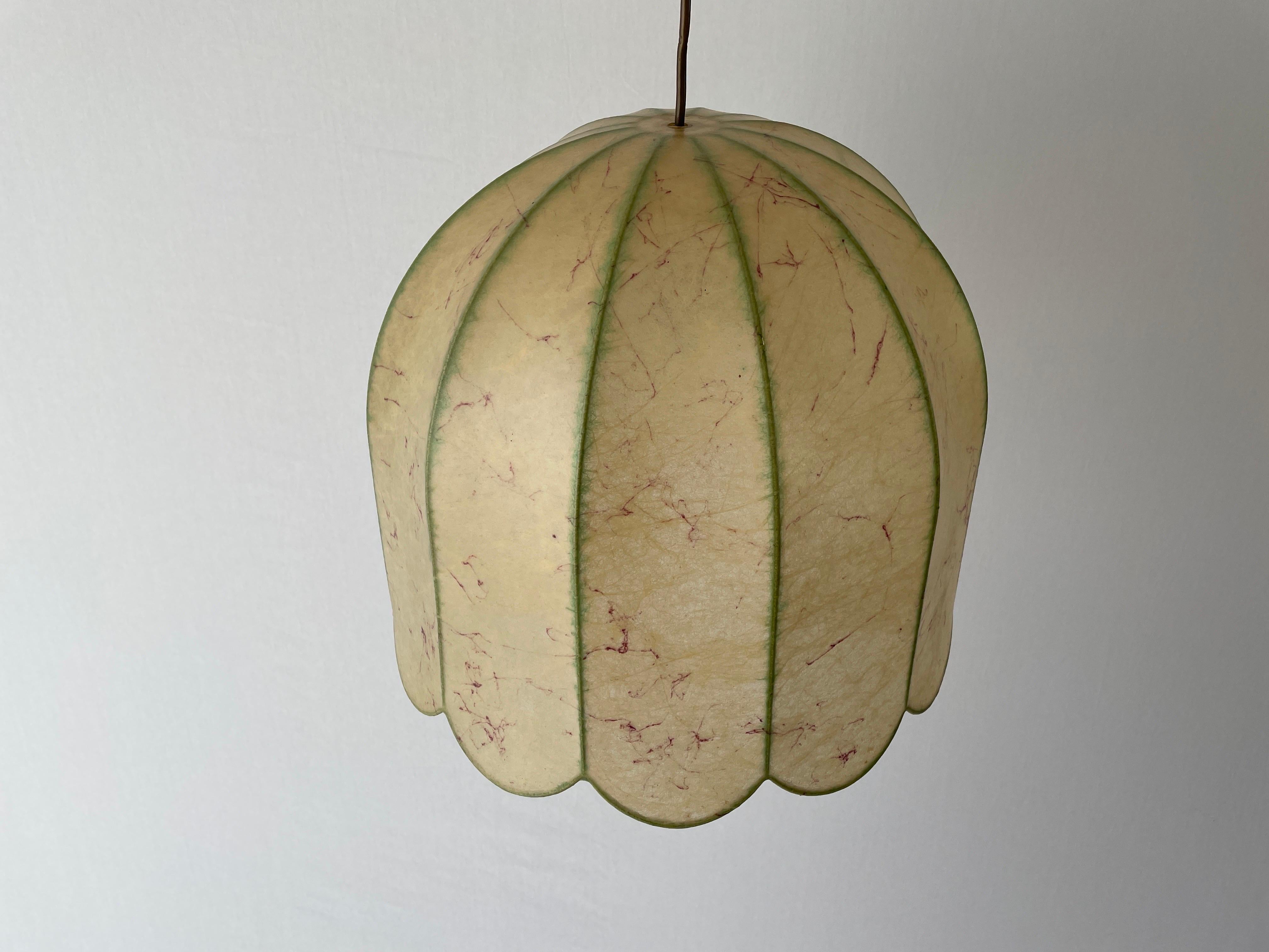 Flower Design Cocoon Pendant Lamp by Goldkant, 1960s, Germany

Lampshade is in very good vintage condition.

This lamp works with E27 light bulbs. 
Wired and suitable to use with 220V and 110V for all countries.

Measurements:
Total Height: 85