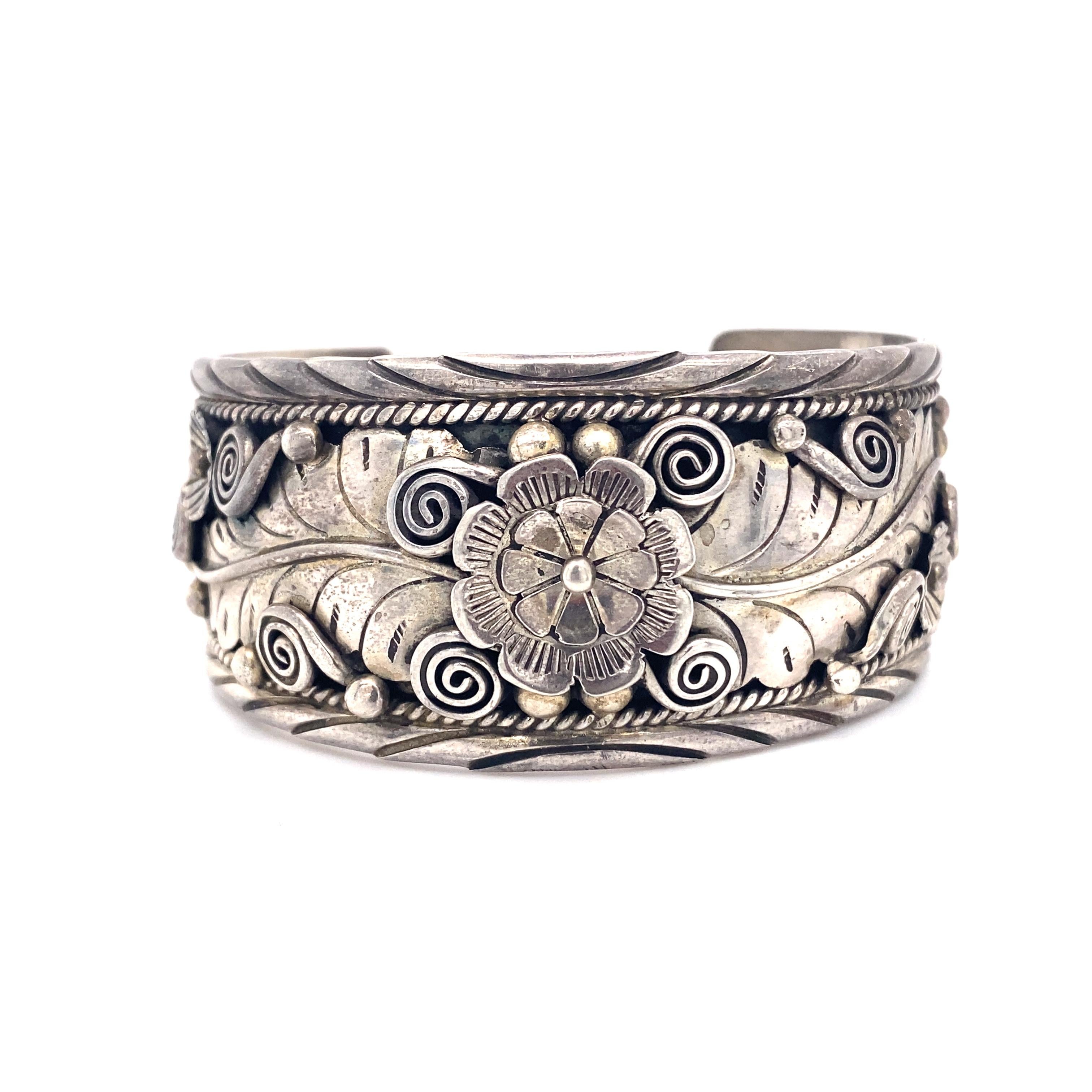 Retro Flower Design Cuff Bracelet in Sterling Silver, Marked Parlos