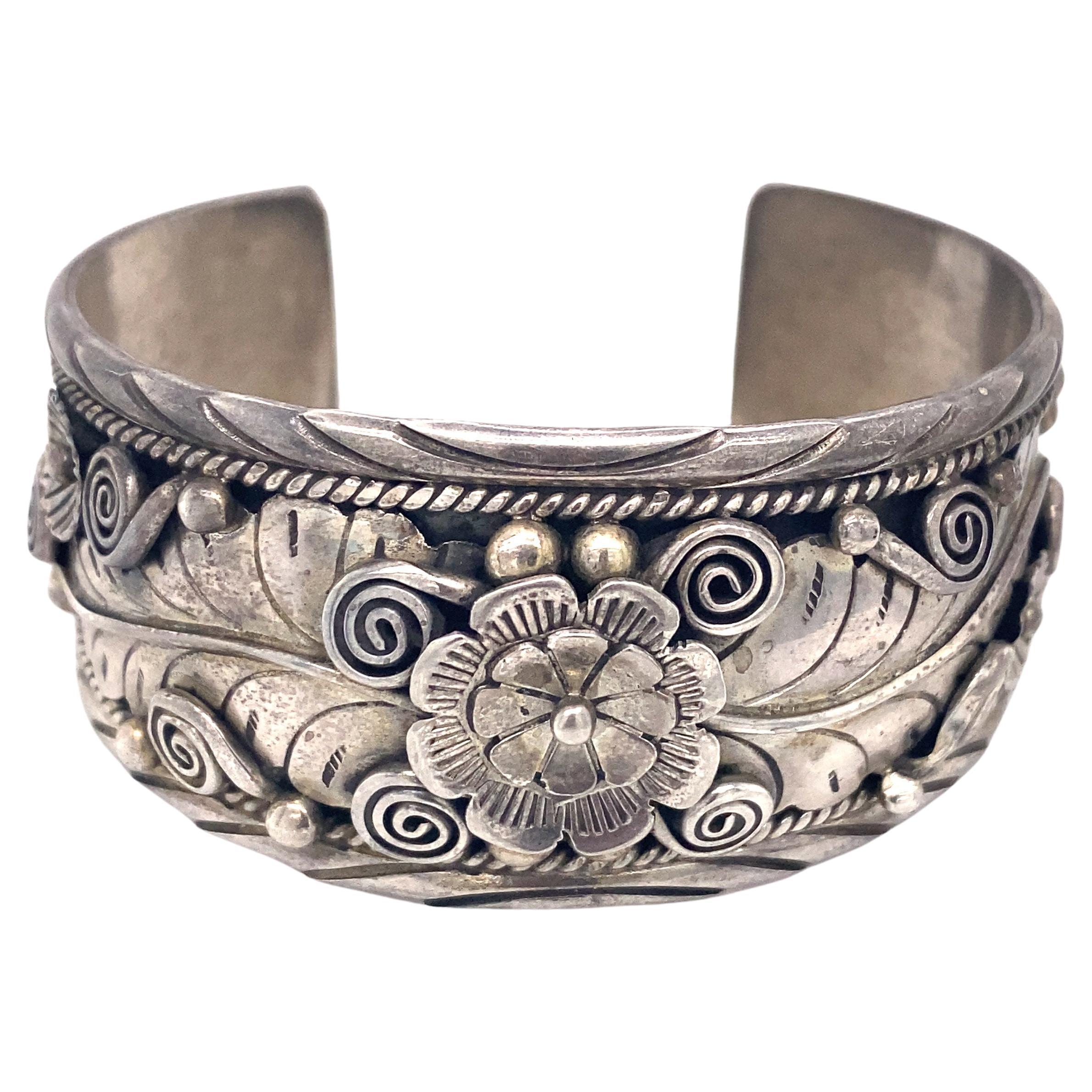 Flower Design Cuff Bracelet in Sterling Silver, Marked Parlos at 1stDibs