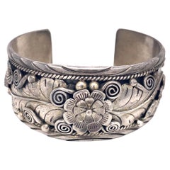 Flower Design Cuff Bracelet in Sterling Silver, Marked Parlos