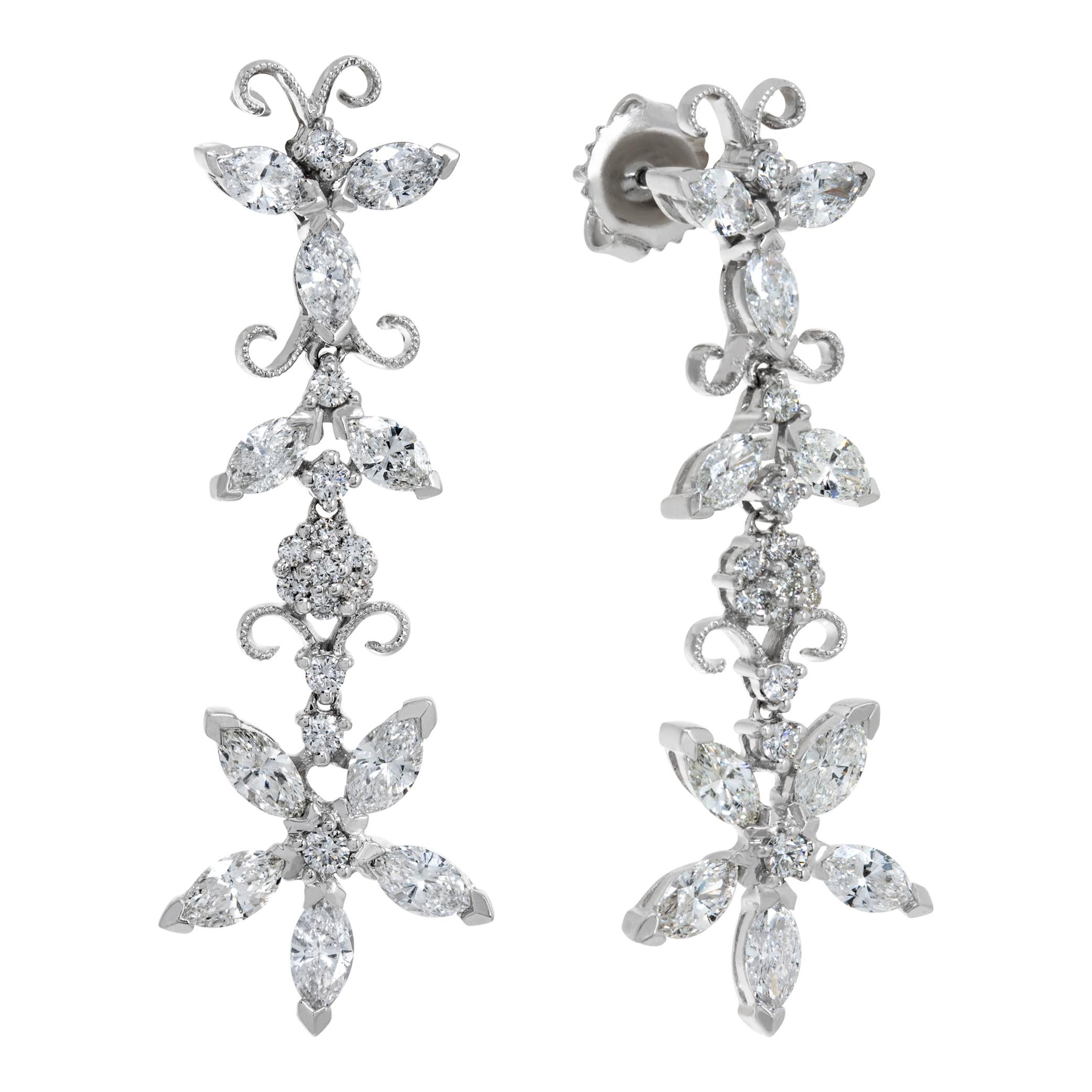 Flower design marquise & round diamond earrings in 14k white gold with 3.86 carats in marquise cut diamonds & 0.43 carat in round diamonds (H-I Color, SI Clarity). Hanging length 1.70 inches.