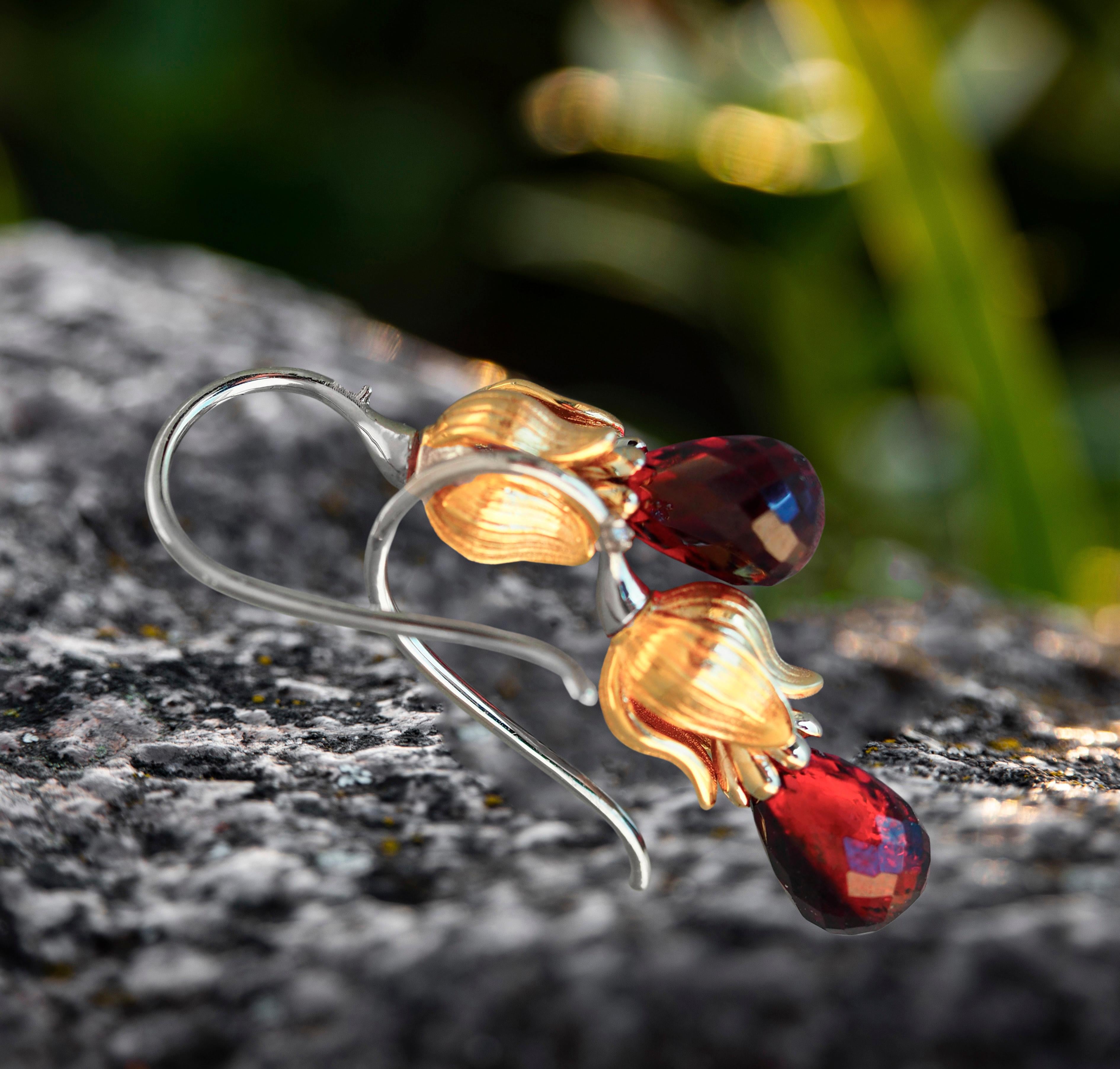 Briolette Cut Flower Design Drop Earrings with Garnets Briolettes and Diamonds For Sale