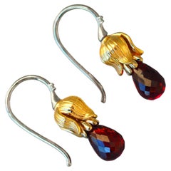 Flower Design Drop Earrings with Garnets Briolettes and Diamonds