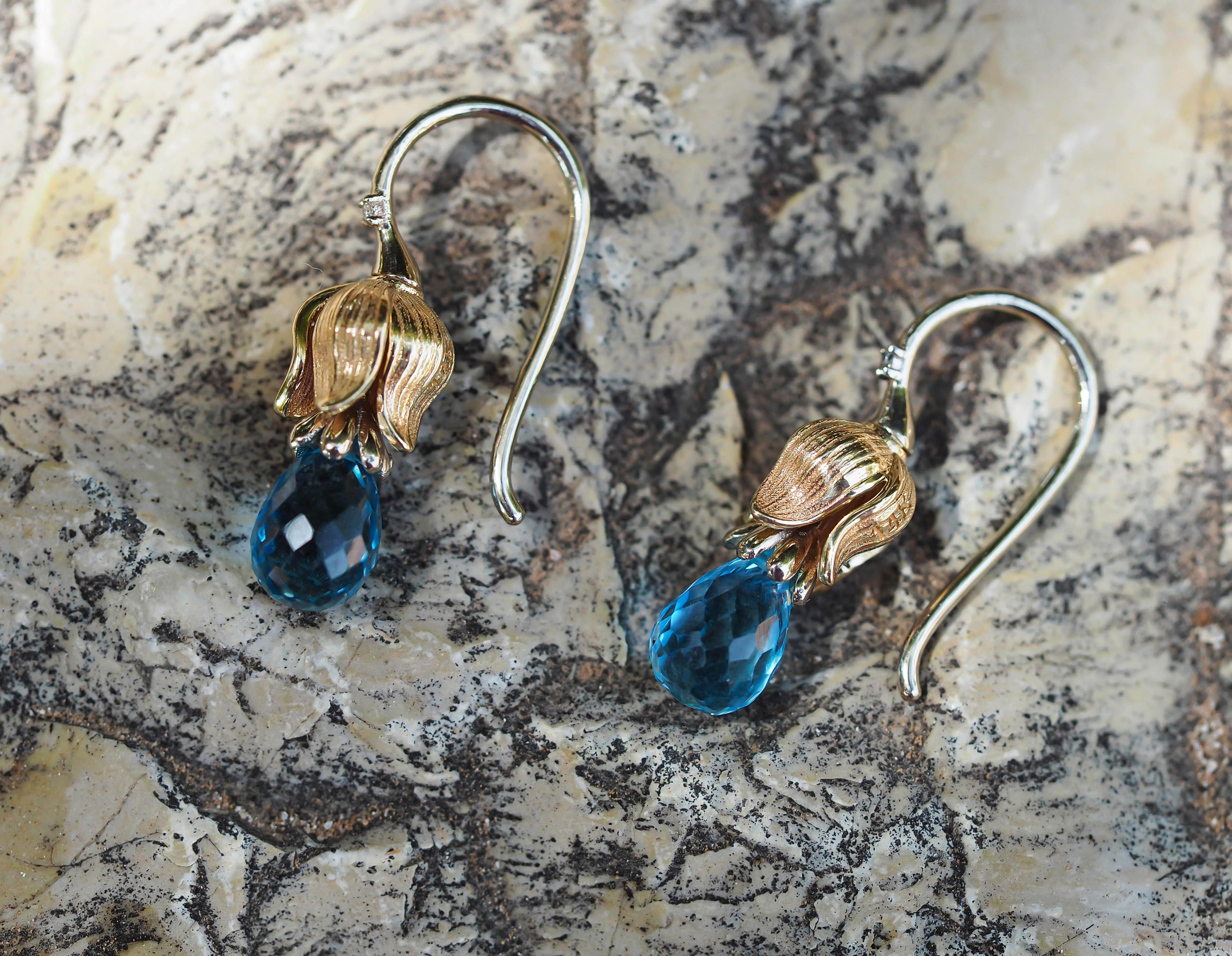 Topaz earrings in 14k gold. Briolette topaz earrings. Flower earrings For Sale 3