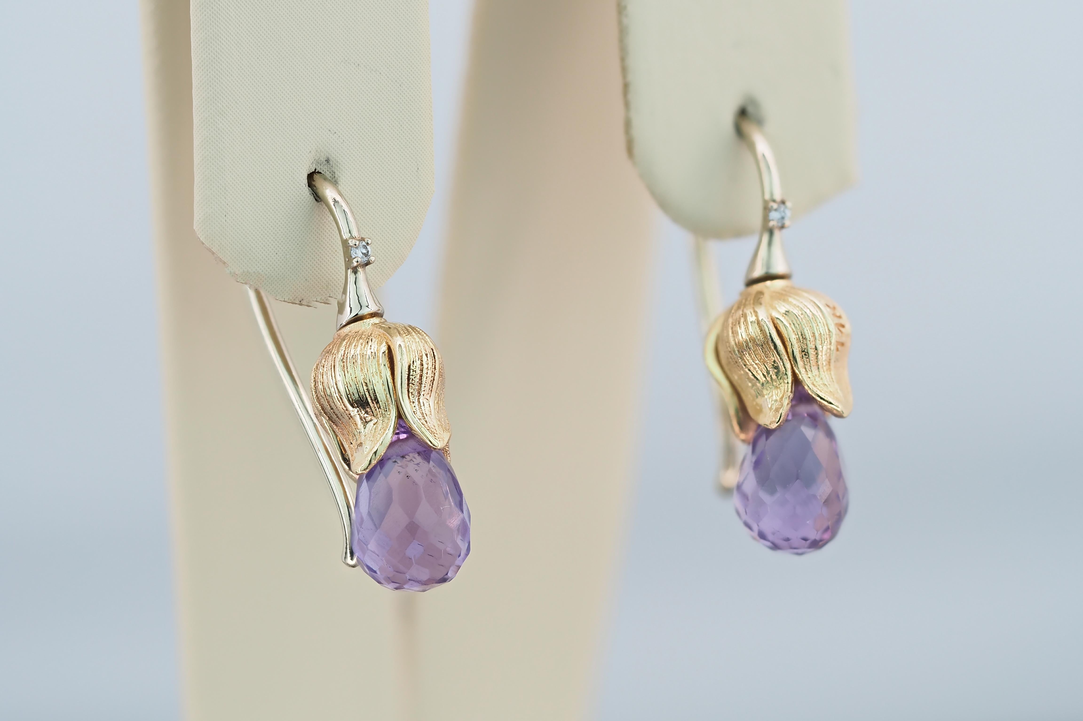 Modern Flower Design Earrings with Amethysts and Diamonds For Sale