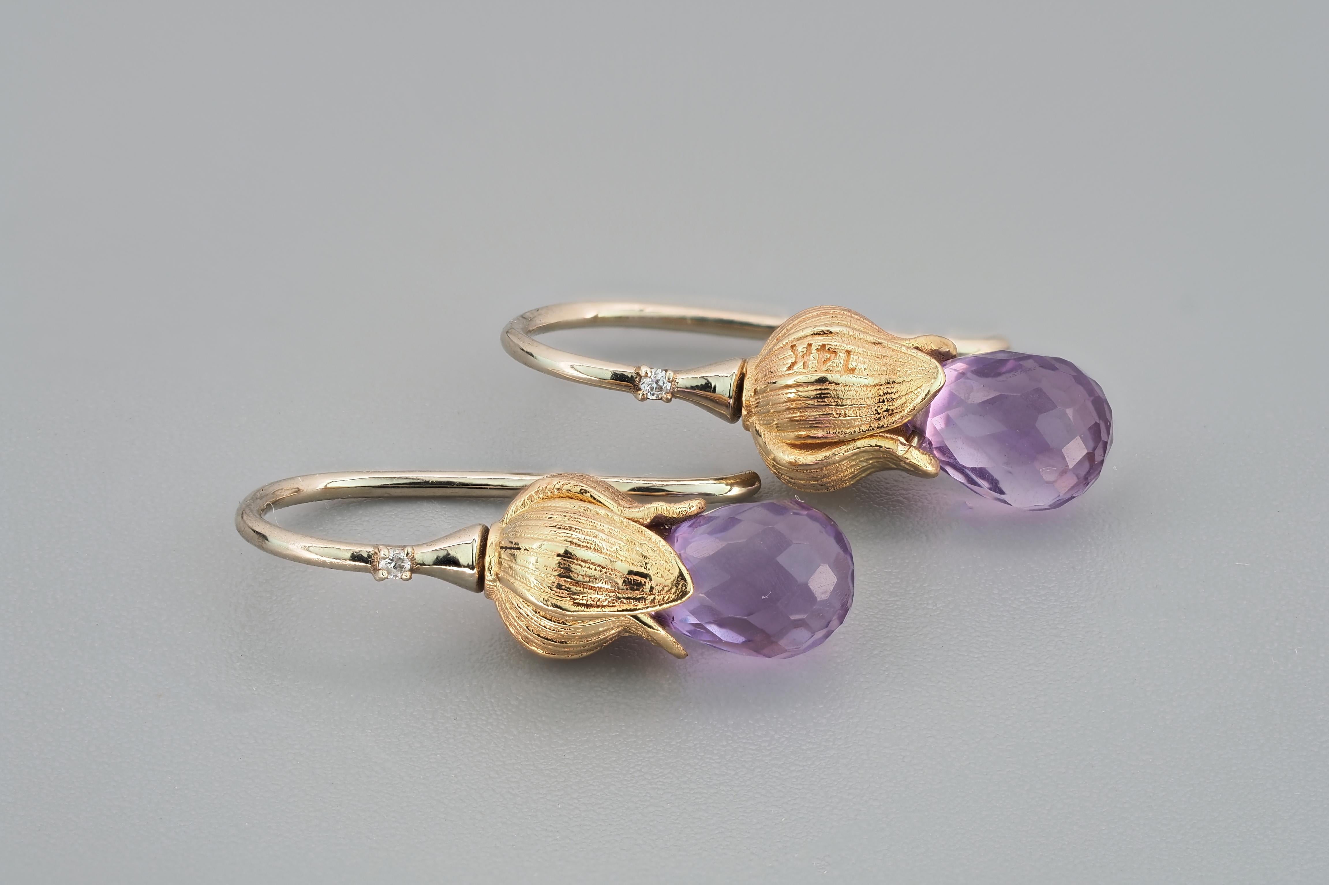 Women's Flower Design Earrings with Amethysts and Diamonds For Sale