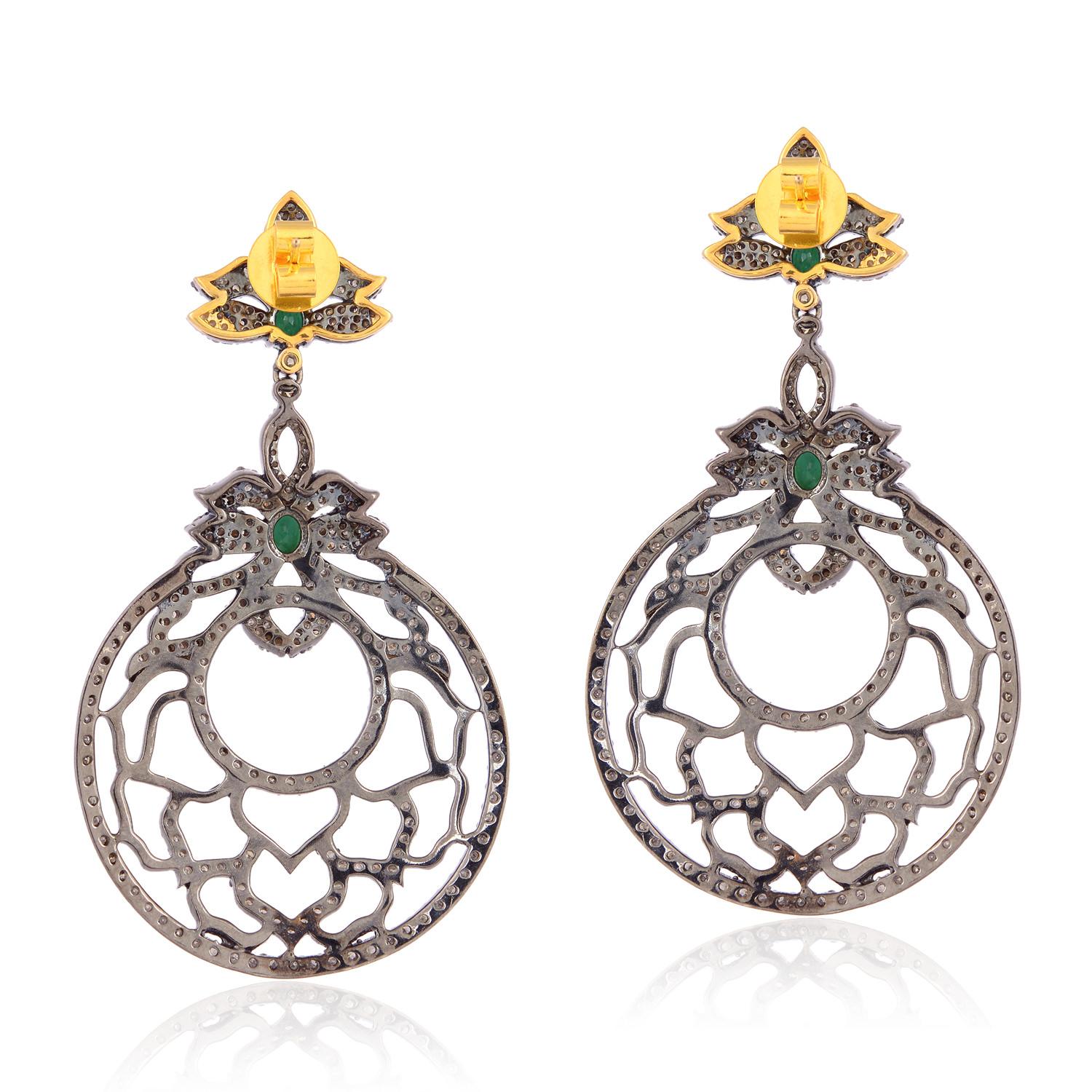Art Deco Flower Design Emerald Dangle With Green Enamel & Pave Diamonds For Sale