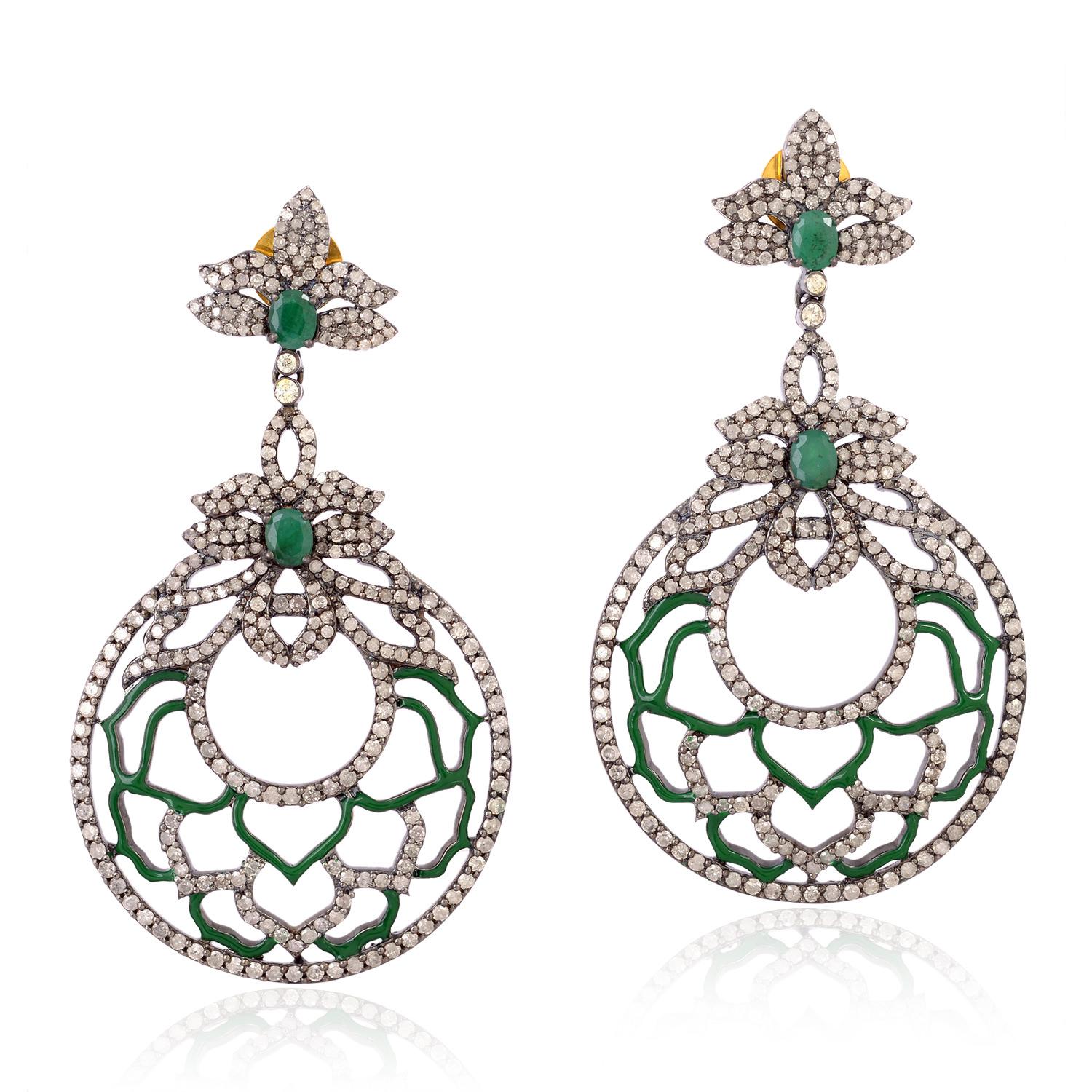 Round Cut Flower Design Emerald Dangle With Green Enamel & Pave Diamonds For Sale