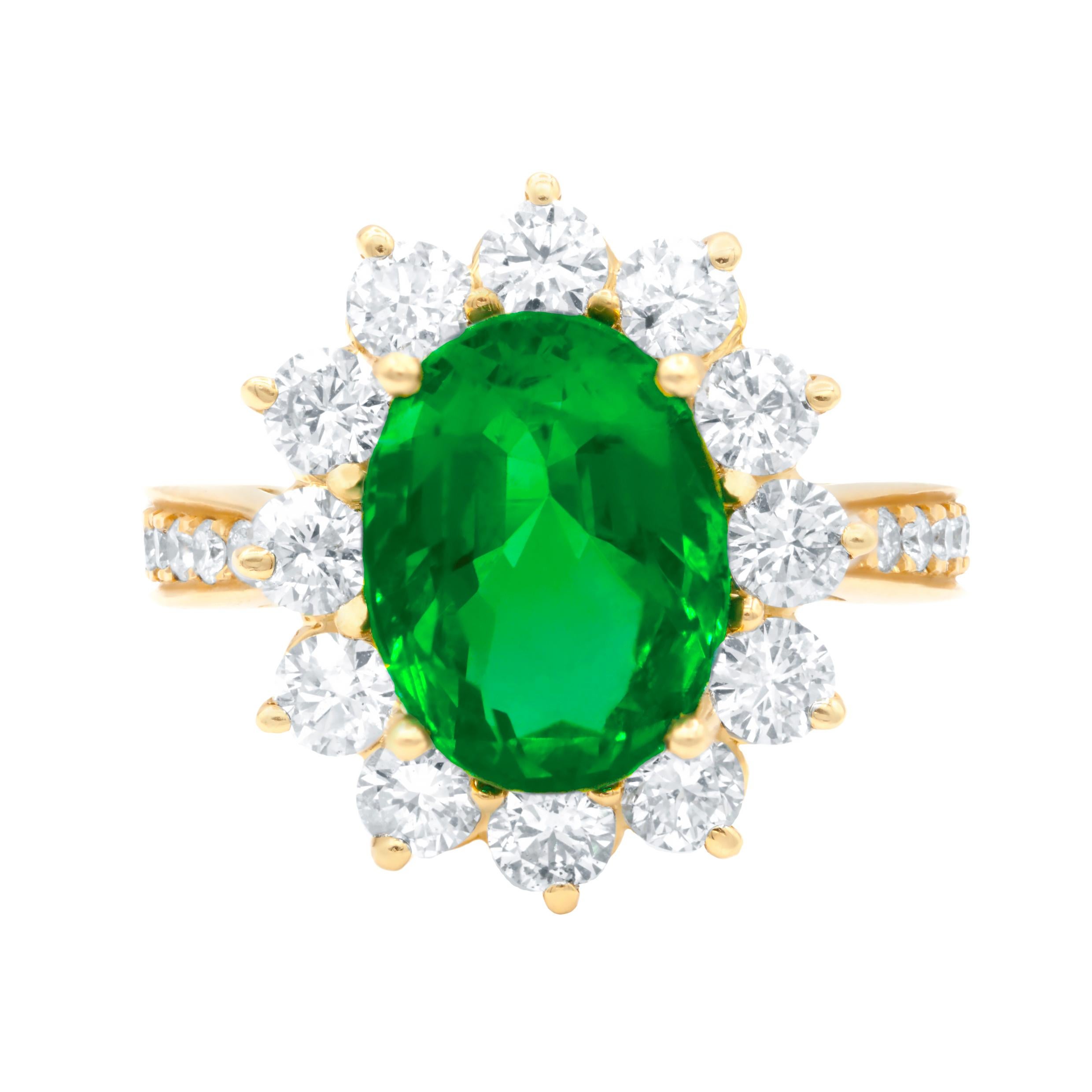 Oval Cut Flower Design Emerald Diamond Ring with 18kt Yellow Gold For Sale