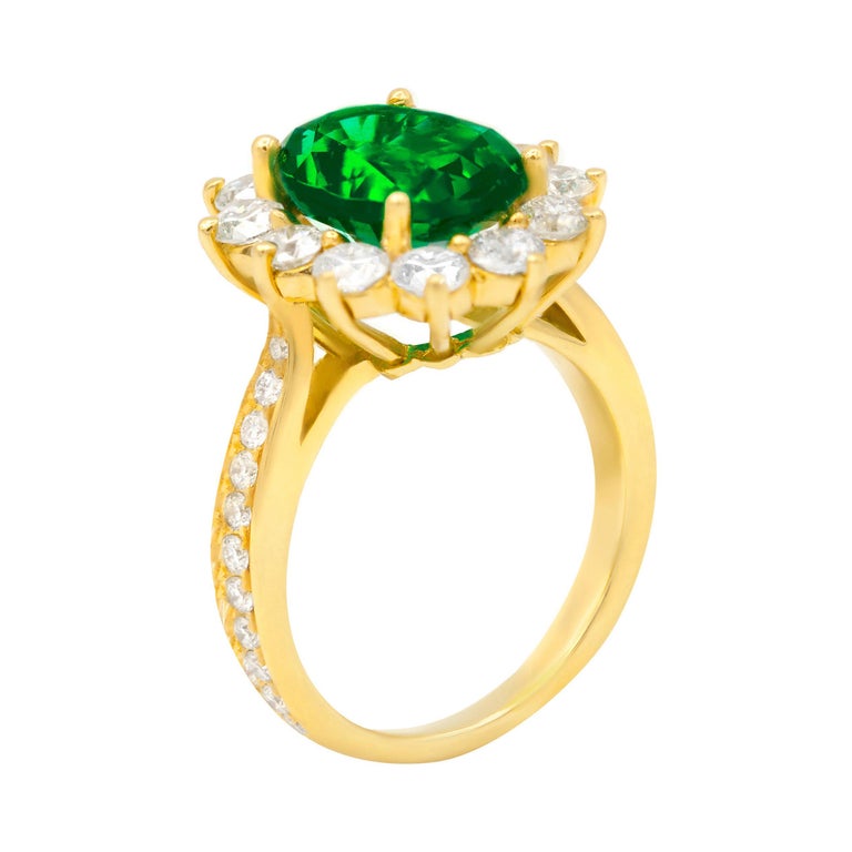 Flower Design Emerald Diamond Ring with 18kt Yellow Gold For Sale at ...