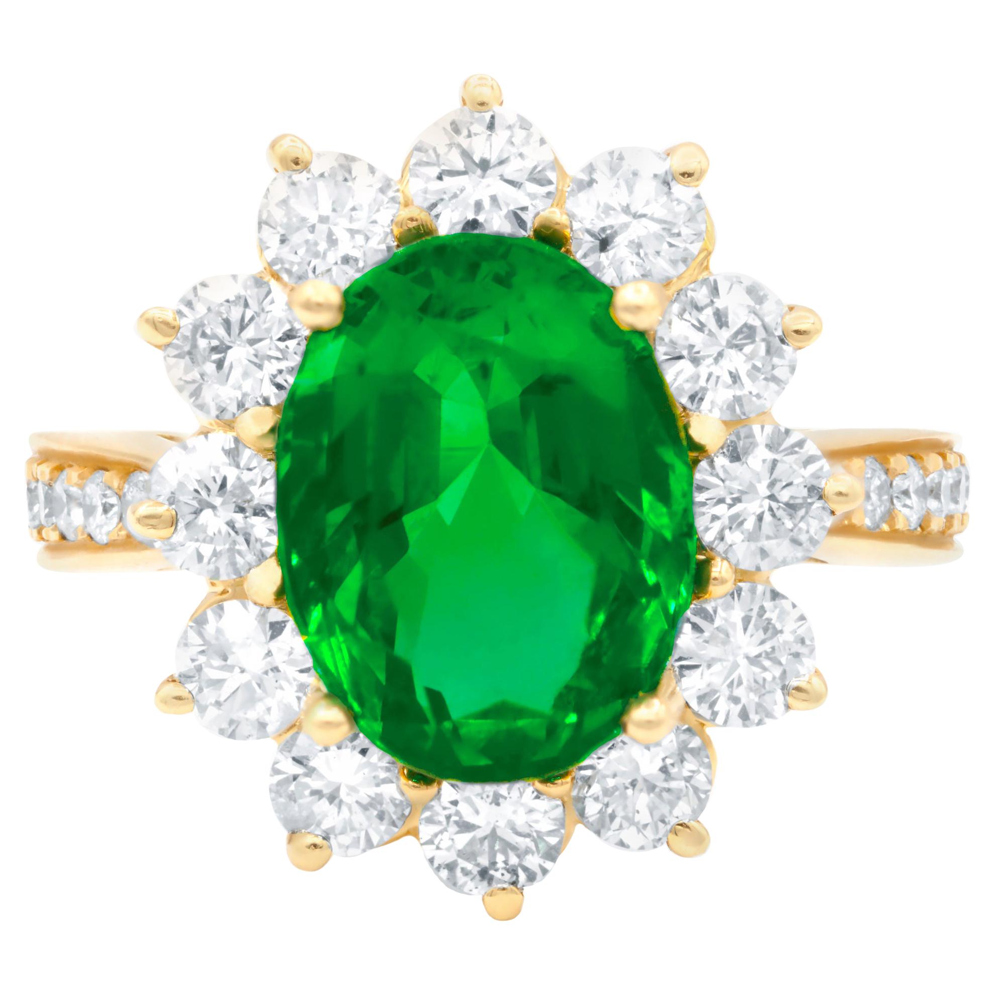Flower Design Emerald Diamond Ring with 18kt Yellow Gold
