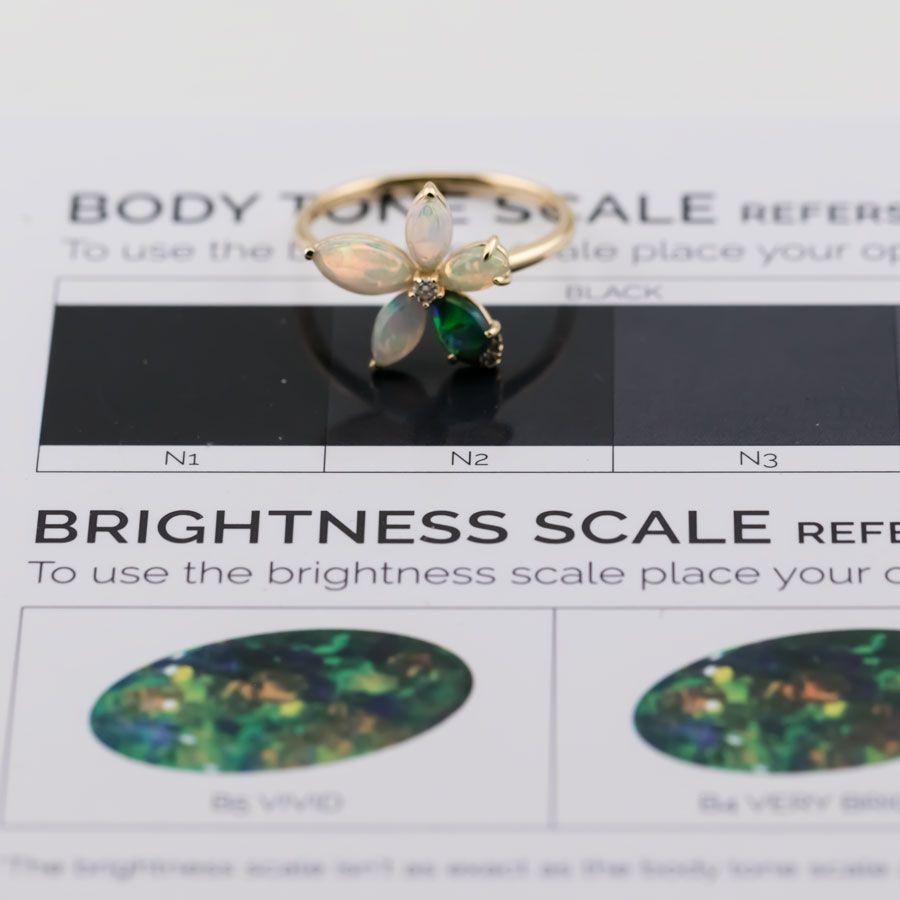 Artist Flower Design Lighting Ridge Black Opal & Crystal Opal Diamond Ring 18K Gold For Sale