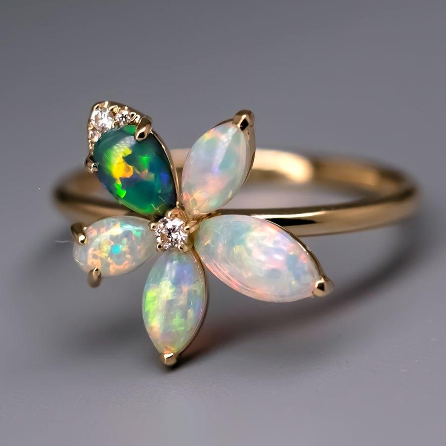 Brilliant Cut Flower Design Lighting Ridge Black Opal & Crystal Opal Diamond Ring 18K Gold For Sale