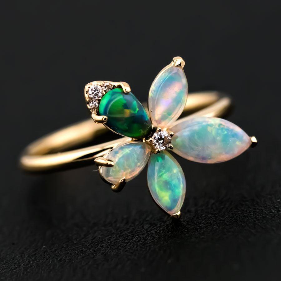 Flower Design Lighting Ridge Black Opal & Crystal Opal Diamond Ring 18K Gold In New Condition For Sale In Suwanee, GA