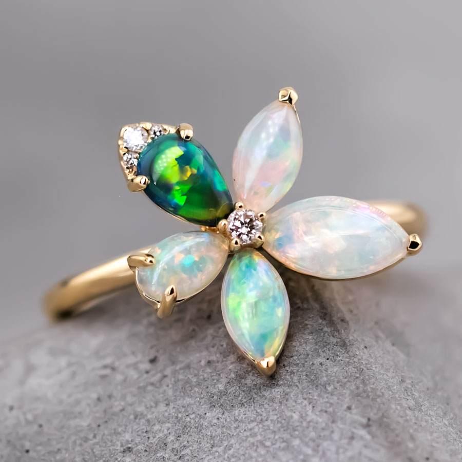 Women's Flower Design Lighting Ridge Black Opal & Crystal Opal Diamond Ring 18K Gold For Sale
