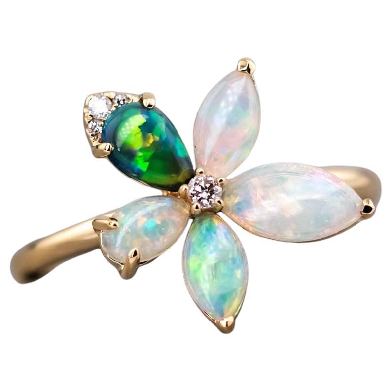 Flower Design Lighting Ridge Black Opal & Crystal Opal Diamond Ring 18K Gold For Sale