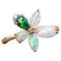 Flower Design Lighting Ridge Black Opal & Crystal Opal Diamond Ring 18K Gold