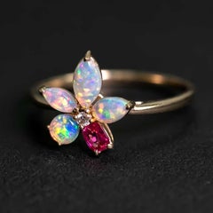Flower Design Pink Spinel & Opal and Diamond Ring 14K Yellow Gold