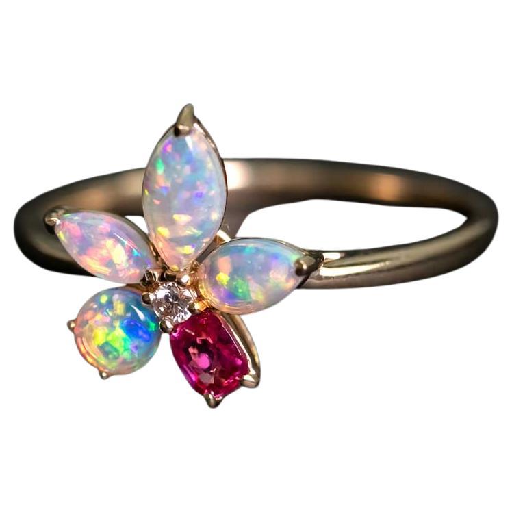 Flower Design Pink Spinel & Opal and Diamond Ring 14K Yellow Gold For Sale