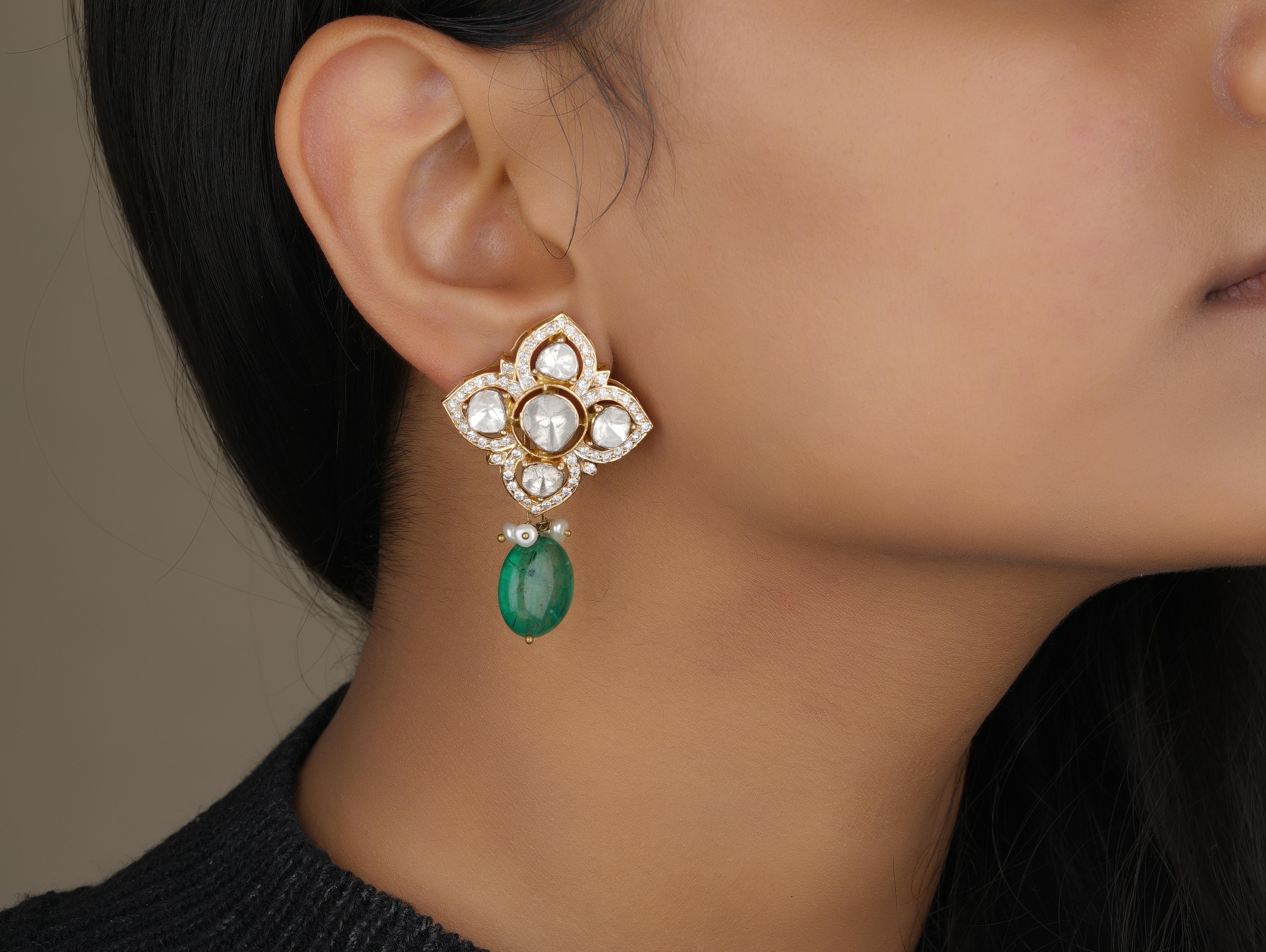 Art Deco Flower Design Polki Diamond Dangle Earrings with Emeralds in 18k Solid Gold For Sale