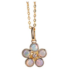 Flower Design Solid Opal Diamond Necklace 14k Yellow Gold