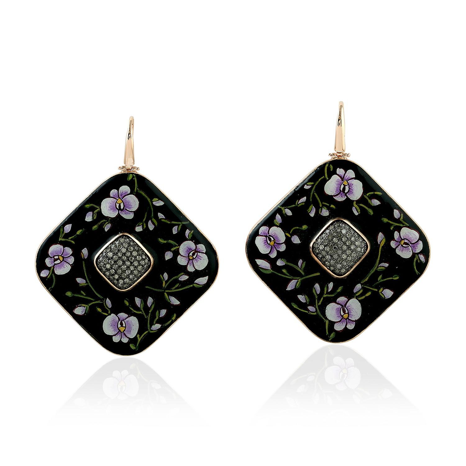 Art Déco Orecchino a forma di fiore in smalto e bachelite con diamanti in oro e argento in vendita