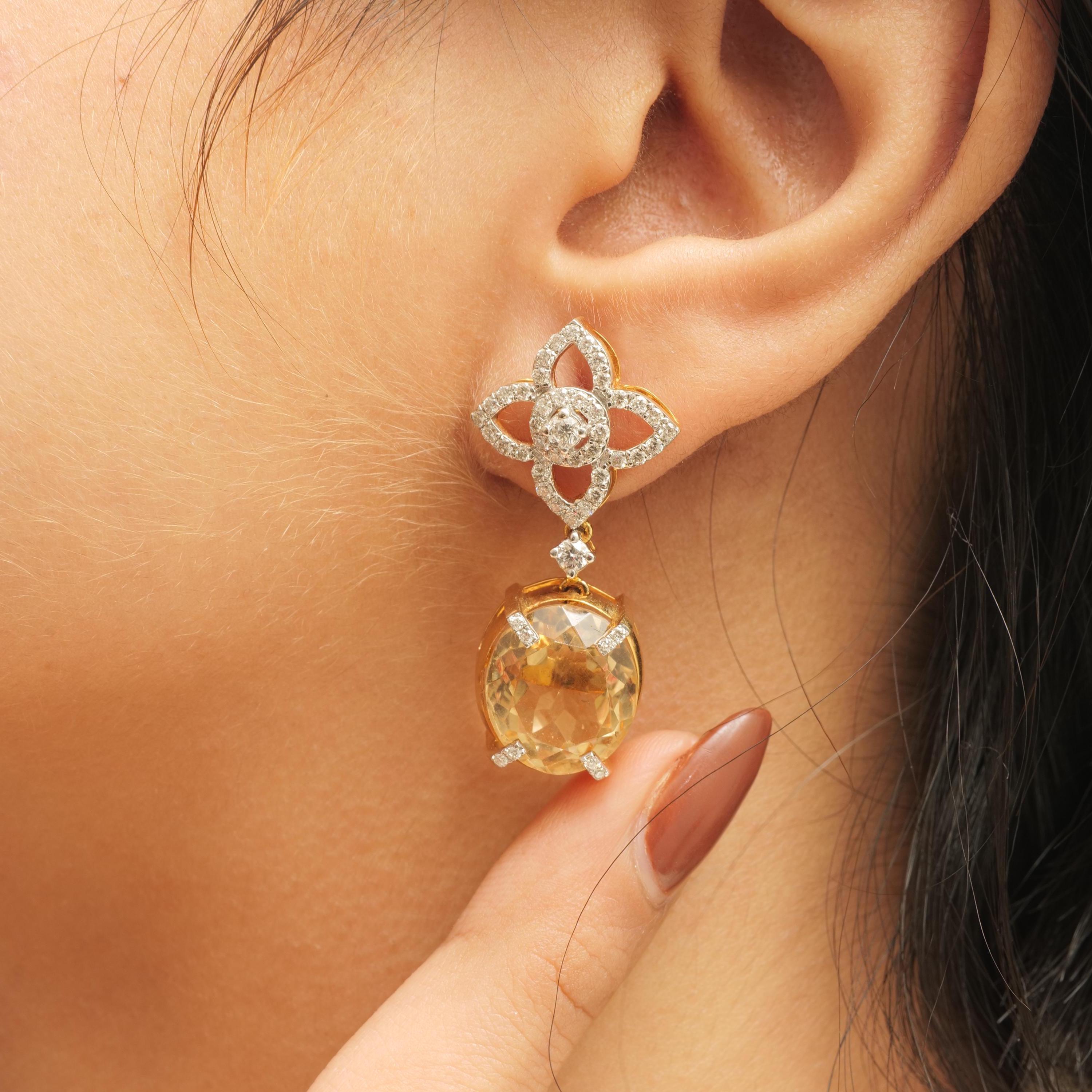 Art déco Boucles d'oreilles pendantes en or massif 14k (certifié) avec fleur de diamant et de citrine en vente