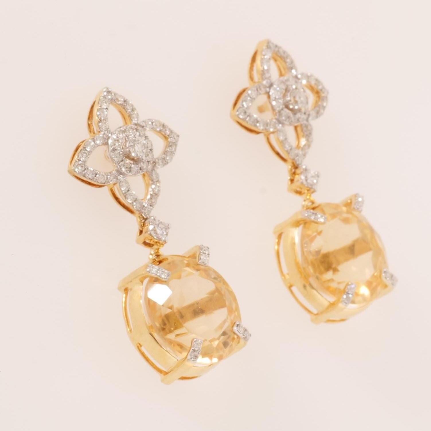 Boucles d'oreilles pendantes en or massif 14k (certifié) avec fleur de diamant et de citrine Neuf - En vente à New Delhi, DL
