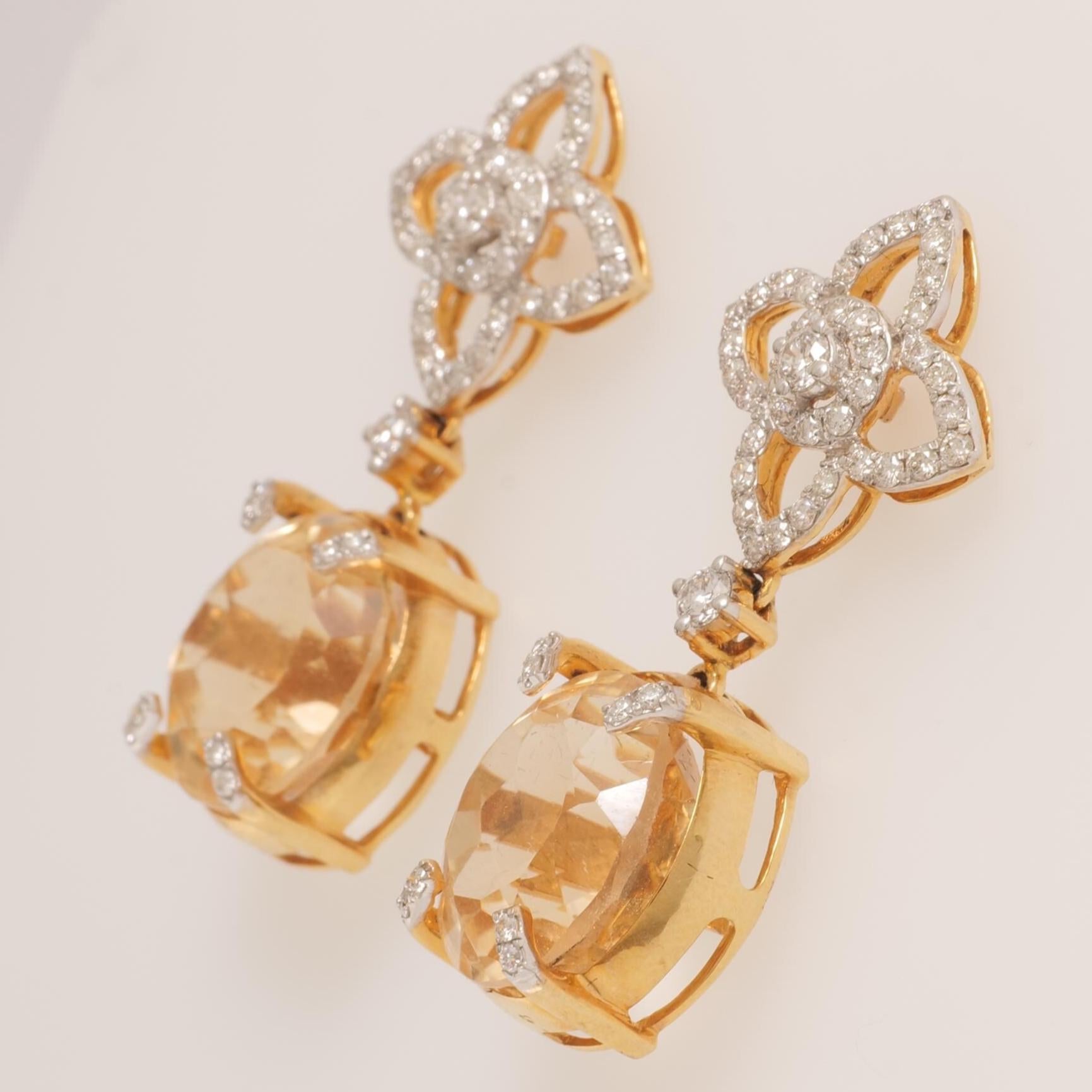 Boucles d'oreilles pendantes en or massif 14k (certifié) avec fleur de diamant et de citrine Pour femmes en vente
