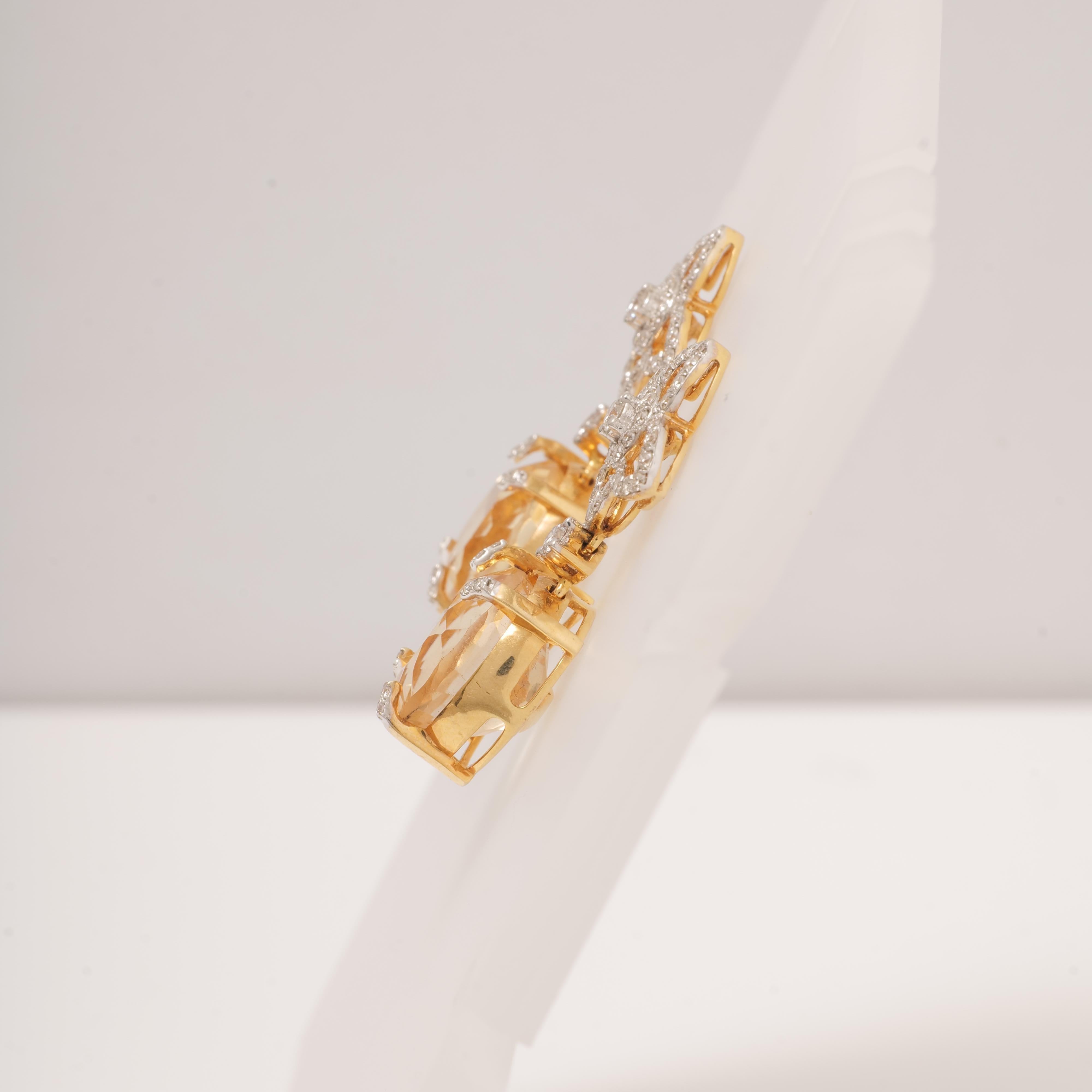 Boucles d'oreilles pendantes en or massif 14k (certifié) avec fleur de diamant et de citrine en vente 2