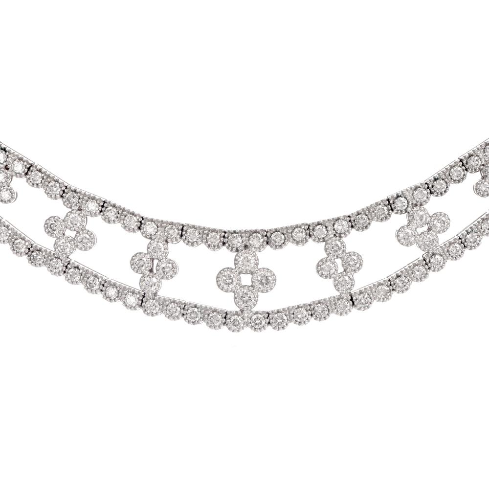 This stunning chocker necklace is adorned with some 319 genuine fine round cut Diamonds approx: 14.95 carats, H-I color, VS1clarity all around.  Dazzle someone special with this sparkly high premium 18k Diamond Choker gold necklace
Total Diamond
