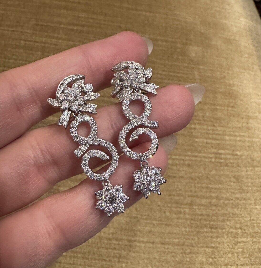 Women's Flower Diamond Drop Earrings 3.00 Carat Total Weight in 14k White Gold For Sale