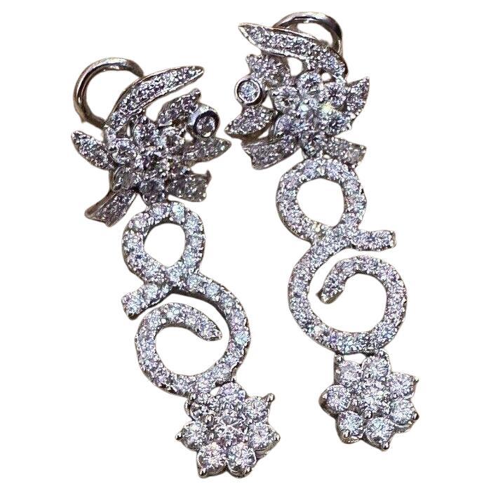 Flower Diamond Drop Earrings 3.00 Carat Total Weight in 14k White Gold For Sale