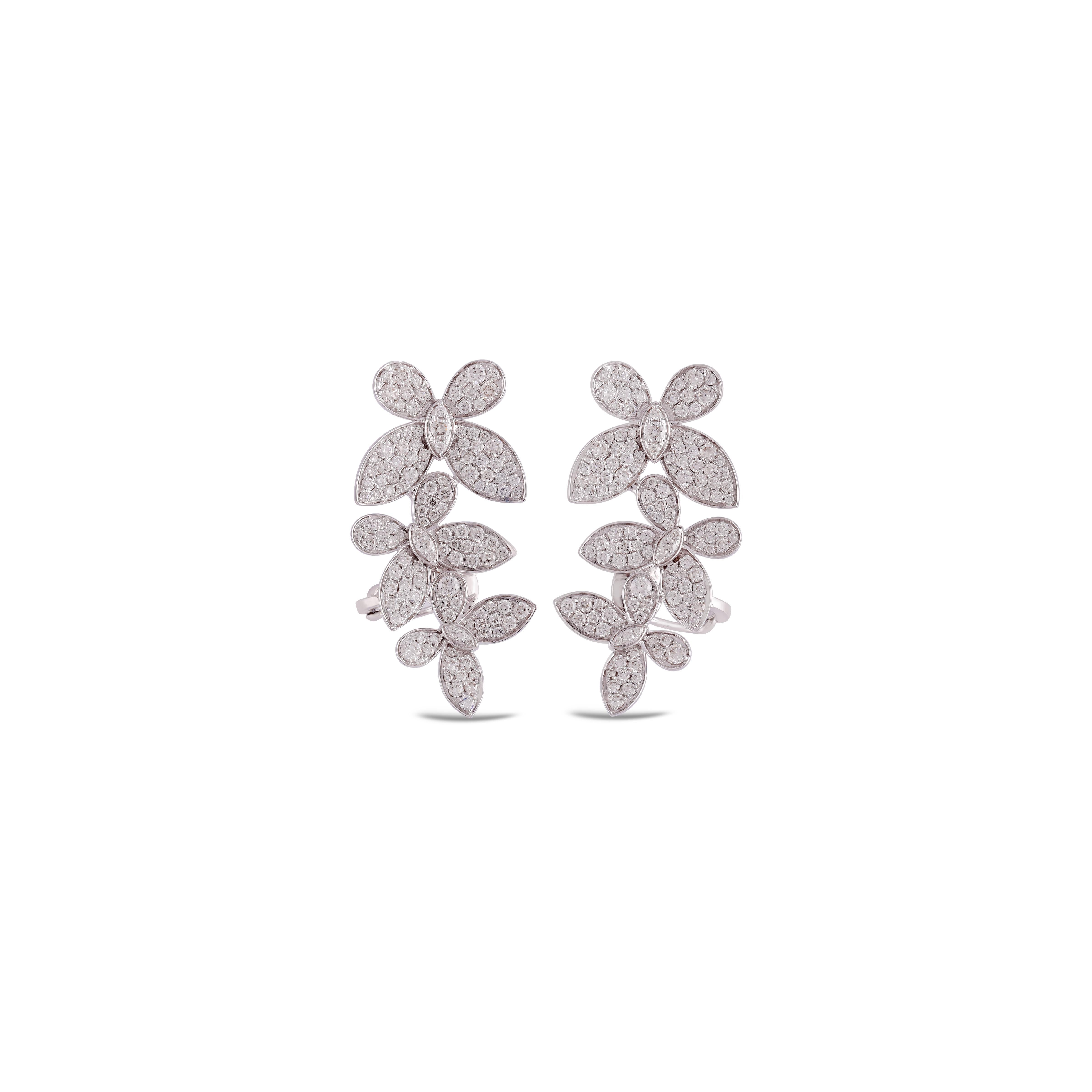 Round Cut Flower Diamond Earring Cuffs Studded in 18 Karat White Gold For Sale