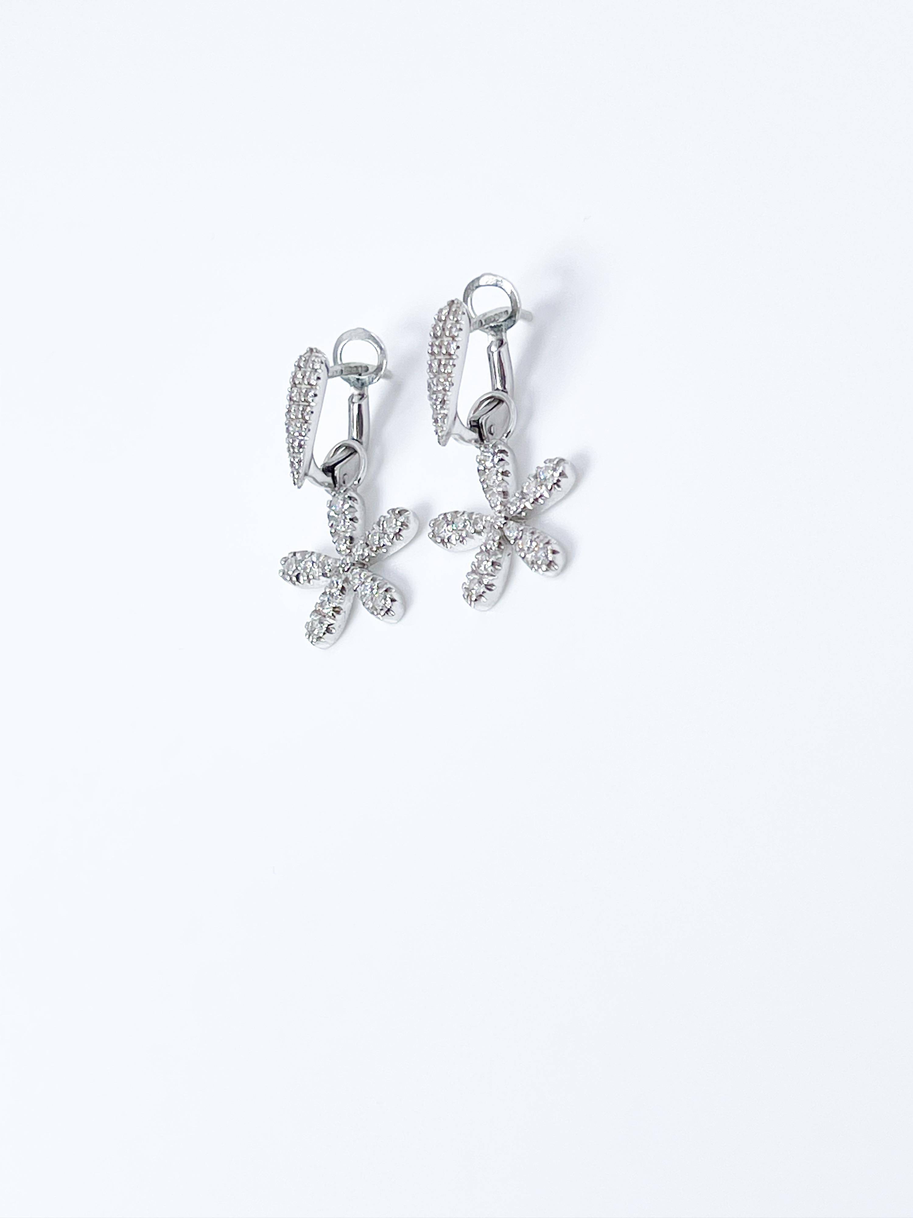 Modern Flower Diamond Earrings 18KT White Gold Unique Dangling Two Ways Design For Sale