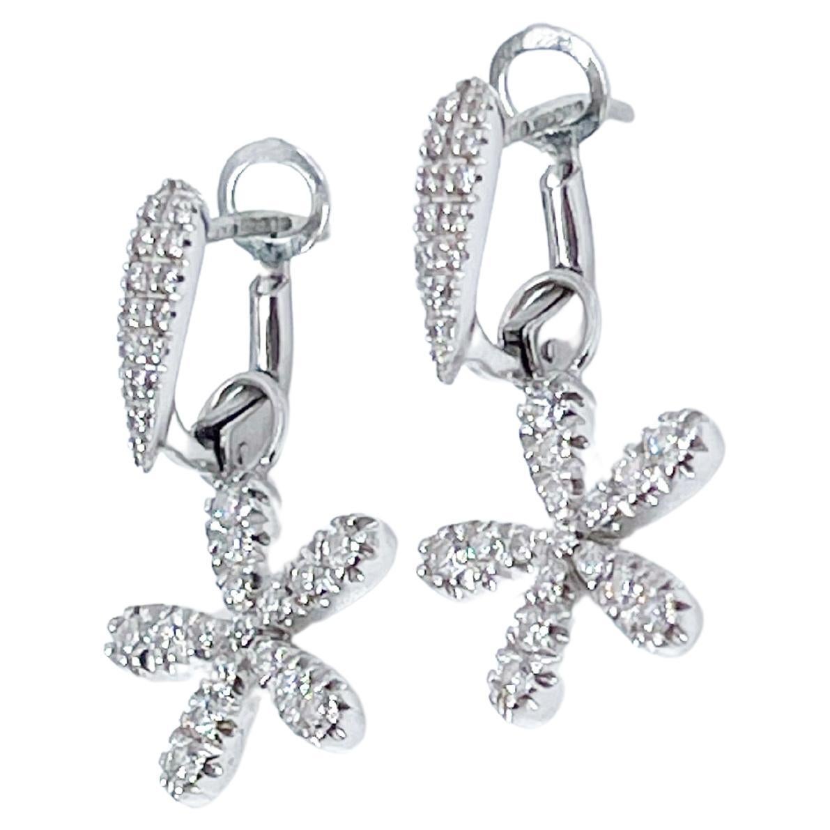 Flower Diamond Earrings 18KT White Gold Unique Dangling Two Ways Design For Sale
