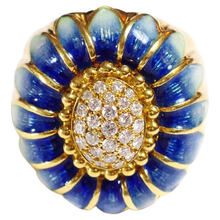 Flower Diamond Enamel Cocktail Ring in 18k Yellow Gold For Sale at 1stDibs