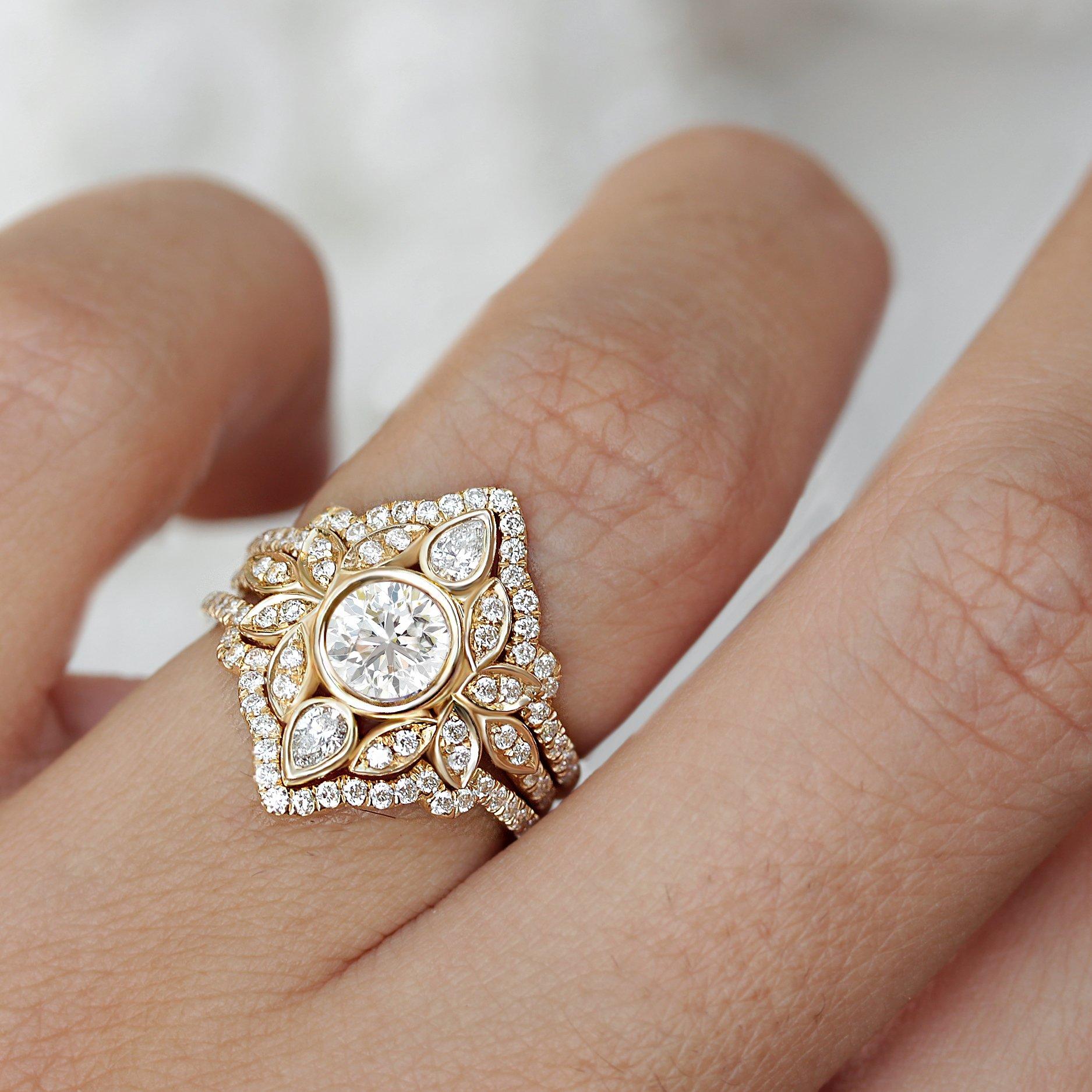 Lily #5 Iced frame Diamond Flower Engagement Two Ring Set.
