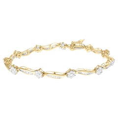 Flower Diamond Link Bracelet Round and Baguette Cut 2 Carats 10K Yellow Gold