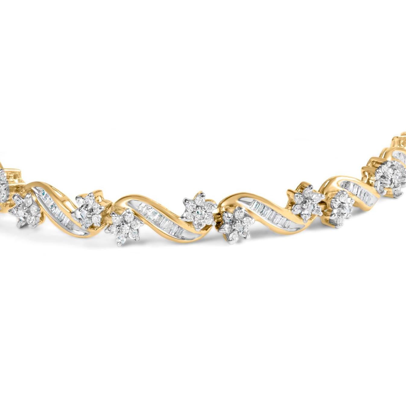 Contemporary Flower Diamond Link Bracelet Round and Baguette Cut 3 Carats 10K Yellow Gold For Sale